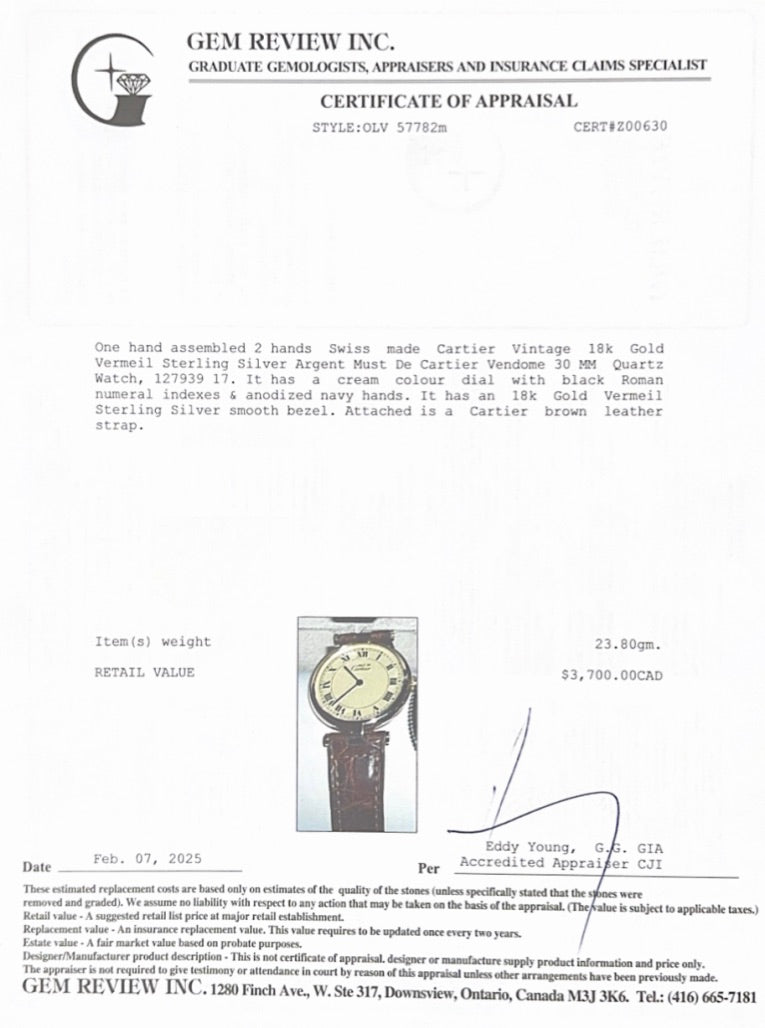 Cartier Vintage 18k Gold Vermeil Sterling Silver Argent Must De Cartier Vendome 30 MM Quartz Watch