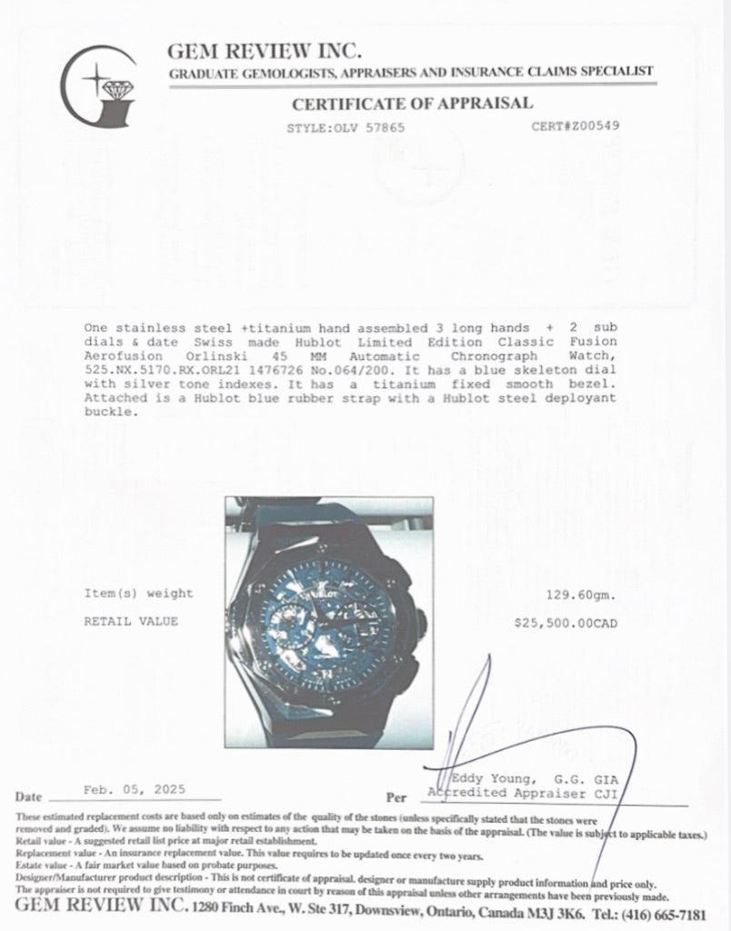 Hublot Limited Edition Stainless Steel & Titanium Classic Fusion Aerofusion Orlinski 45 MM Automatic Chronograph Watch Blue Cut Out Dial