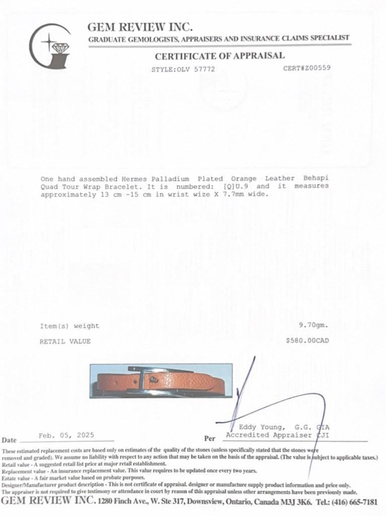 Hermes Palladium Plated Orange Leather Behapi Quad Tour Wrap Bracelet