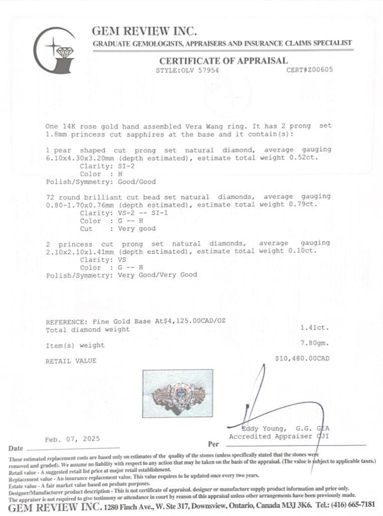 Vera Wang 14k Rose Gold Love Diamond Engagement Ring, Size 8.25