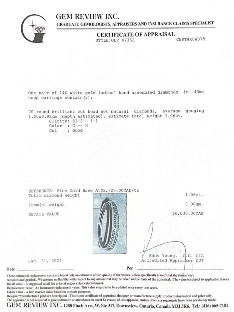 14k White Gold 1.06 tcw. Diamond 43 MM Hoop Earrings