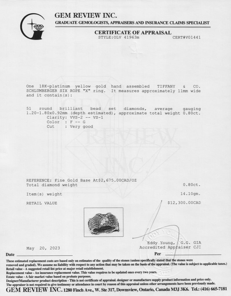 Tiffany & Co. Schlumberger 18k Gold & Platinum Rope Six-Row Diamond "X" Ring