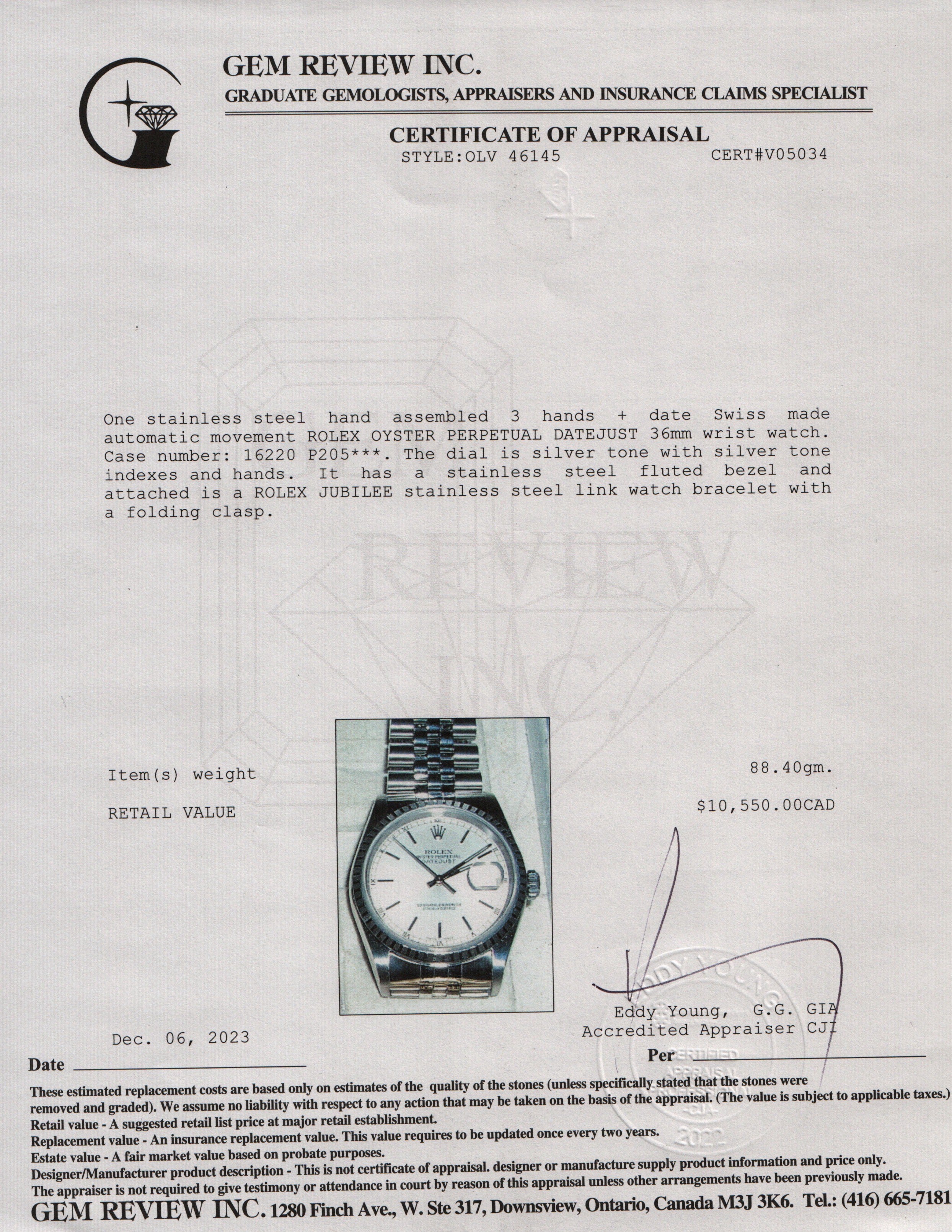 Rolex Stainless Steel Datejust 36 MM Automatic Watch w/ Box & Papers