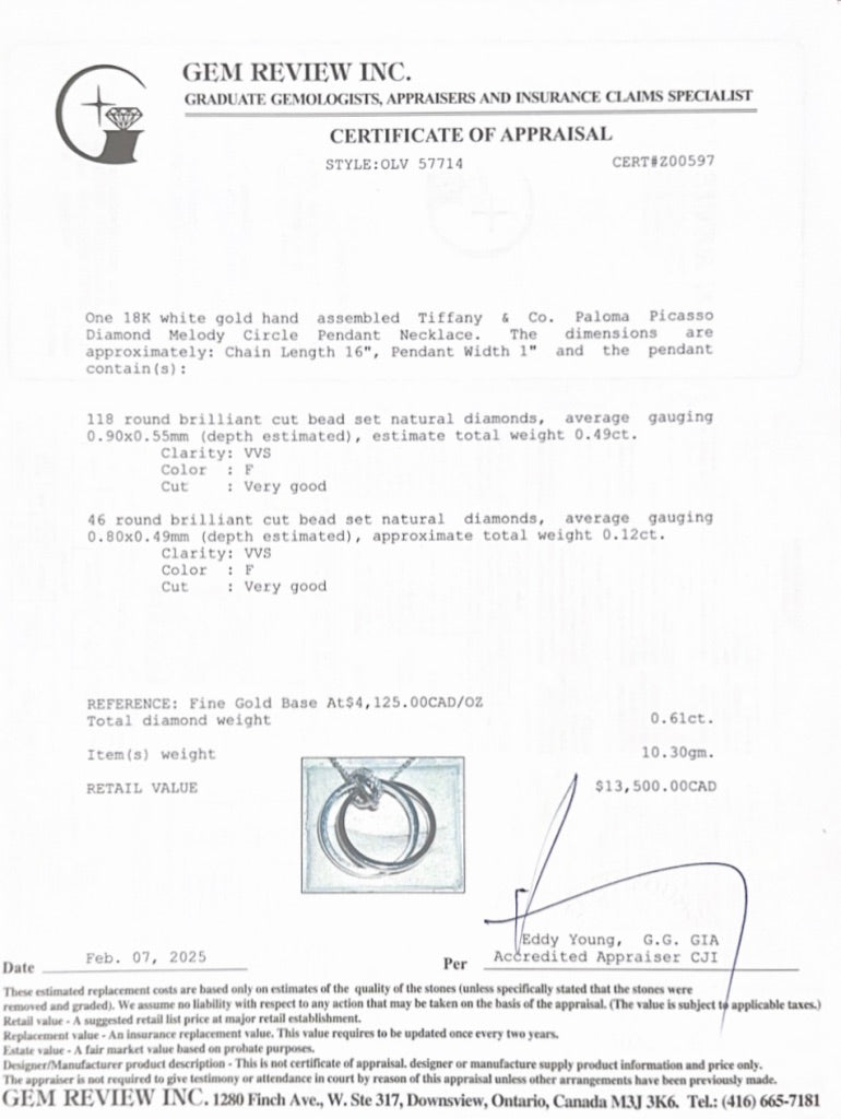 Tiffany & Co. Paloma Picasso 18k White Gold Diamond Melody Circle Pendant Necklace w/ Box