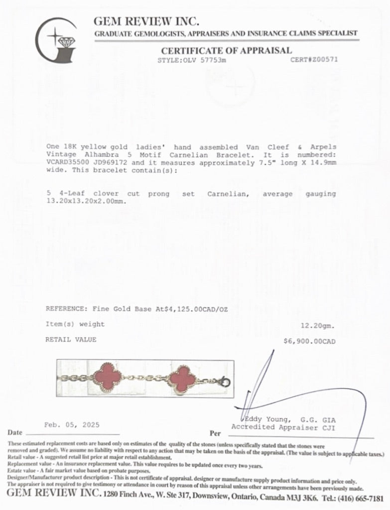 Van Cleef & Arpels 2022 18k Yellow Gold Vintage Alhambra 5 Motif Carnelian Bracelet w/ Box & Certificate