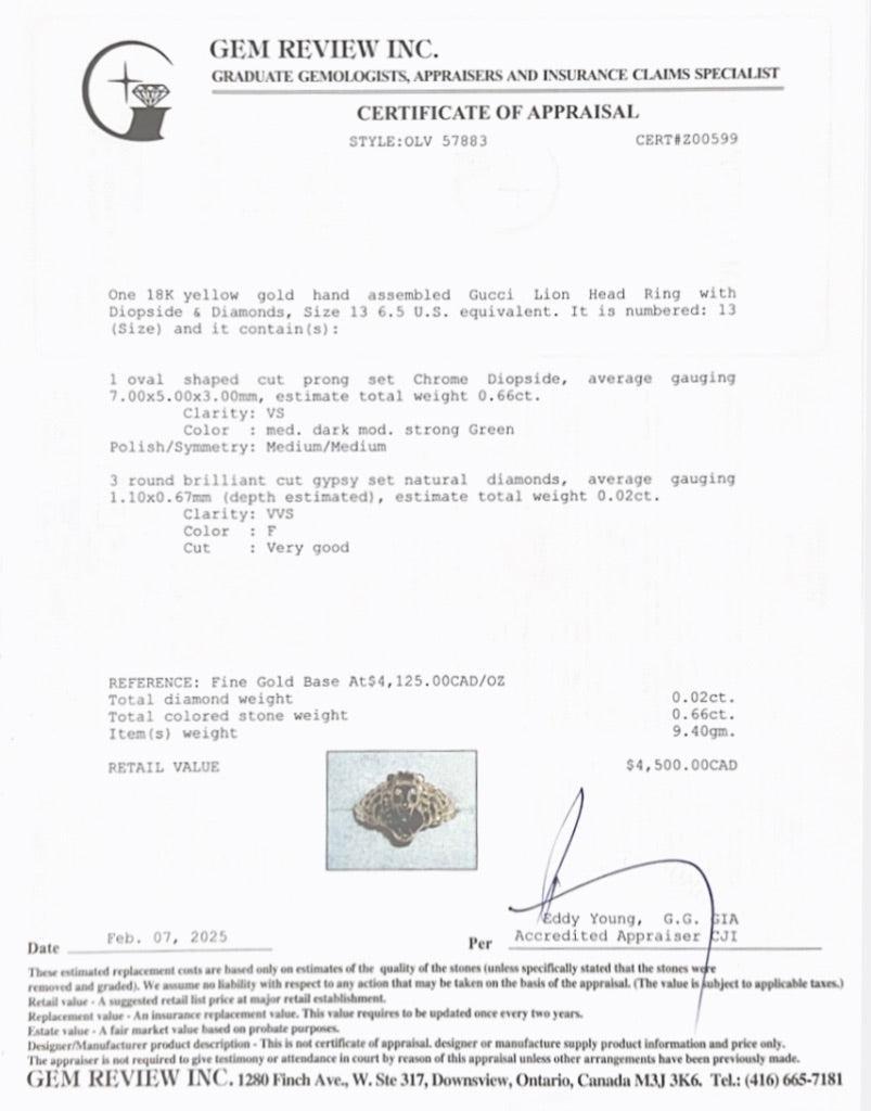 Gucci 18k Yellow Gold Lion Head Ring with Diopside & Diamonds, Size 13 6.5 w/ Box