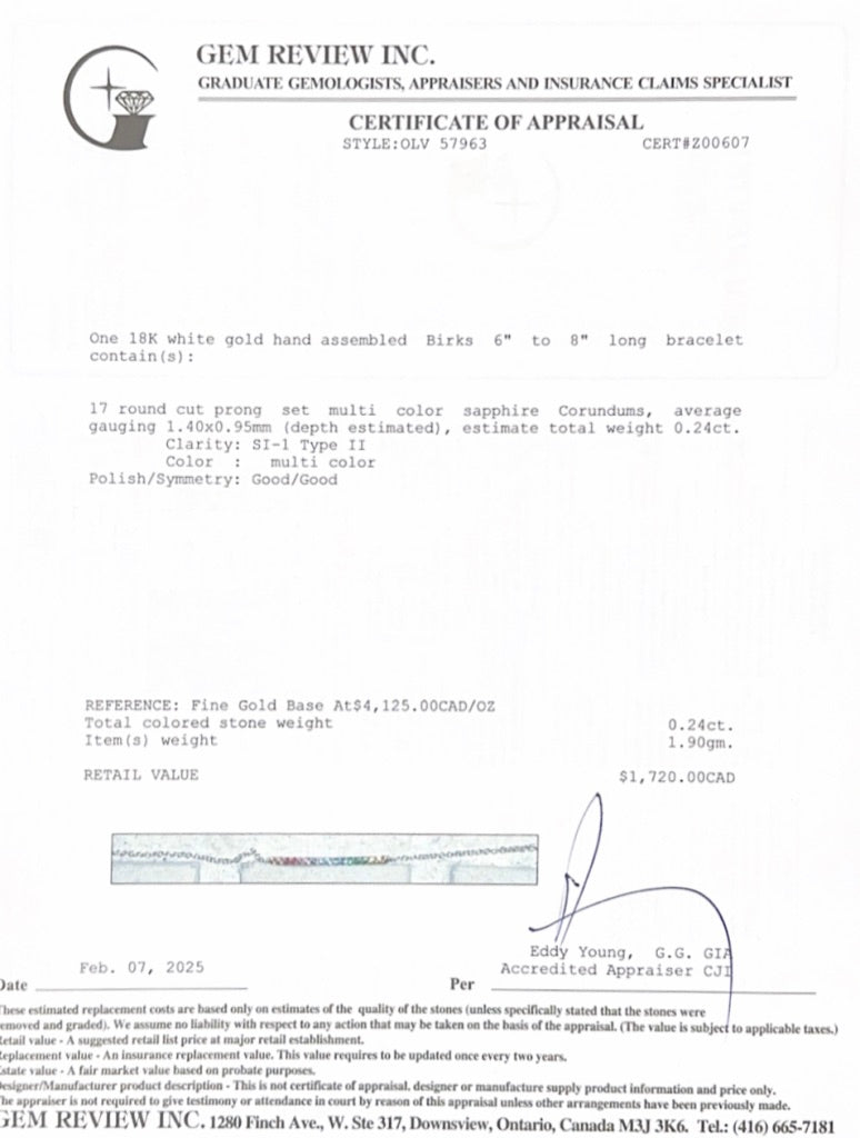Birks 18k White Gold Multi Color Sapphire Bracelet
