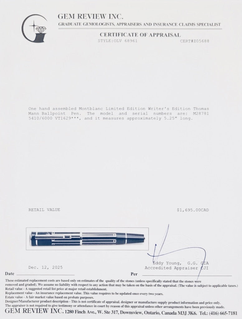 Montblanc Limited Edition Writer's Edition Thomas Mann Ballpoint Pen w/ Box & Papers