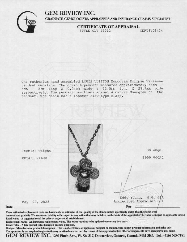 Louis Vuitton Monogram Eclipse Vivienne Pendant Necklace w/ Box