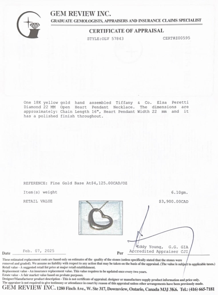 Tiffany & Co. Elsa Peretti 18k Yellow Gold Diamond 22 MM Open Heart Pendant Necklace w/ Box