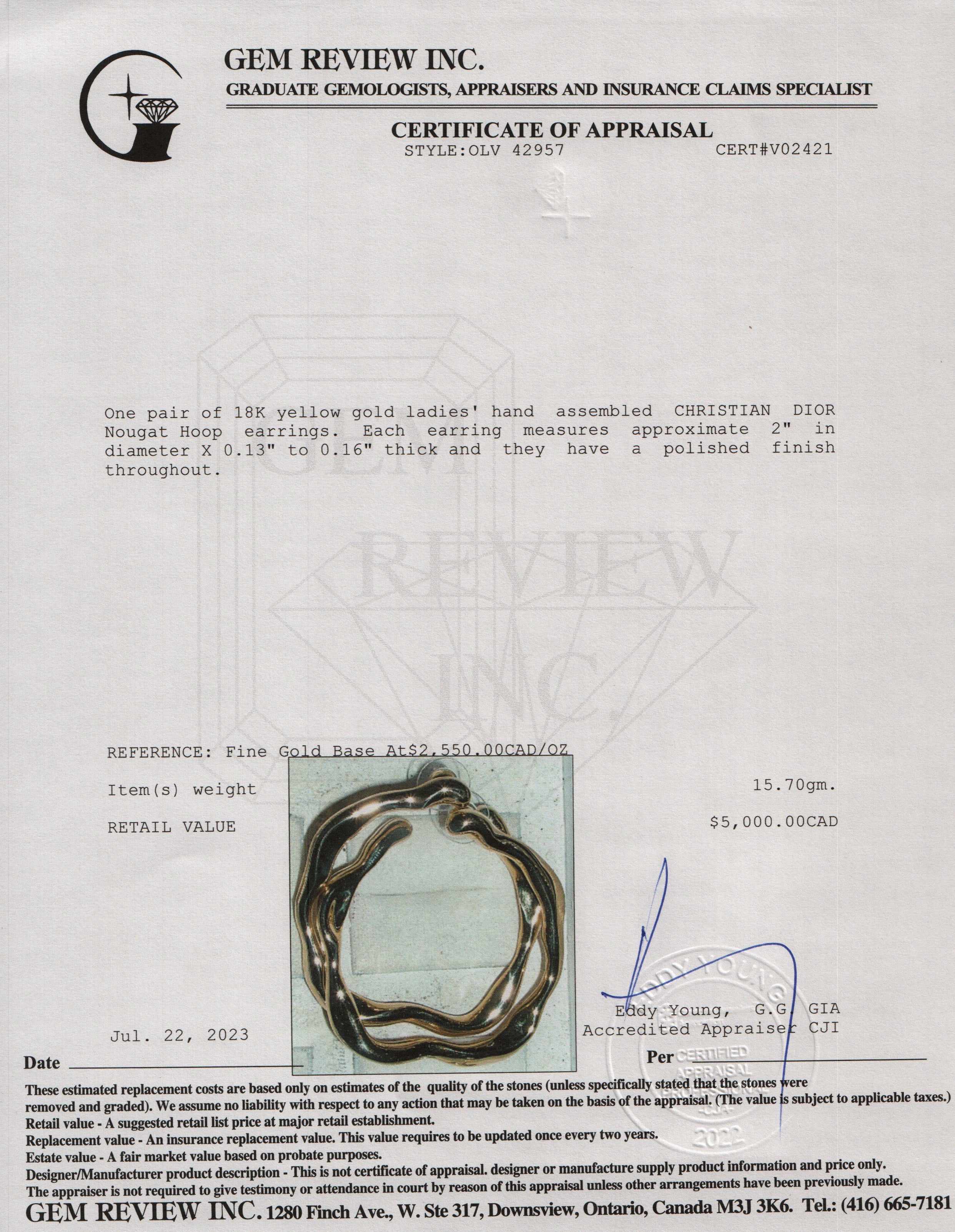 Christian Dior 18k Yellow Gold Nougat Hoop Earrings