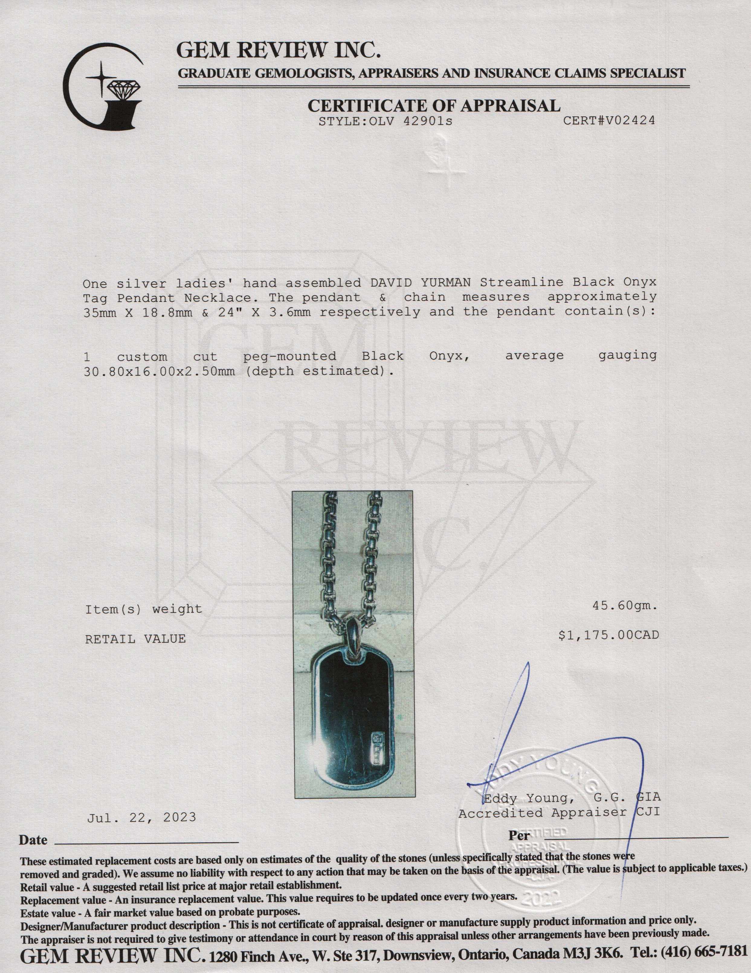 David Yurman Streamline Black Onyx Tag Pendant Necklace