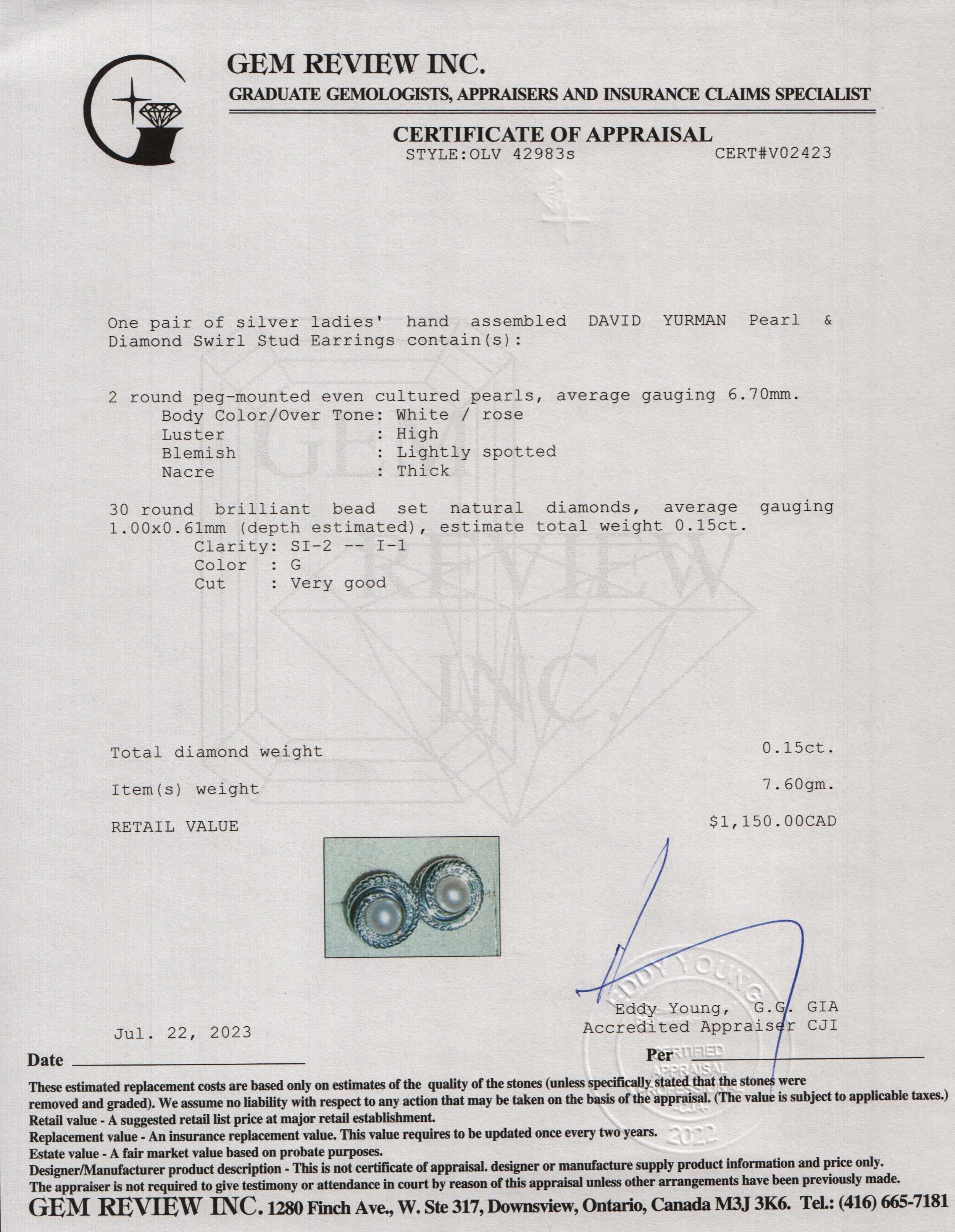 David Yurman Pearl & Diamond Swirl Stud Earrings