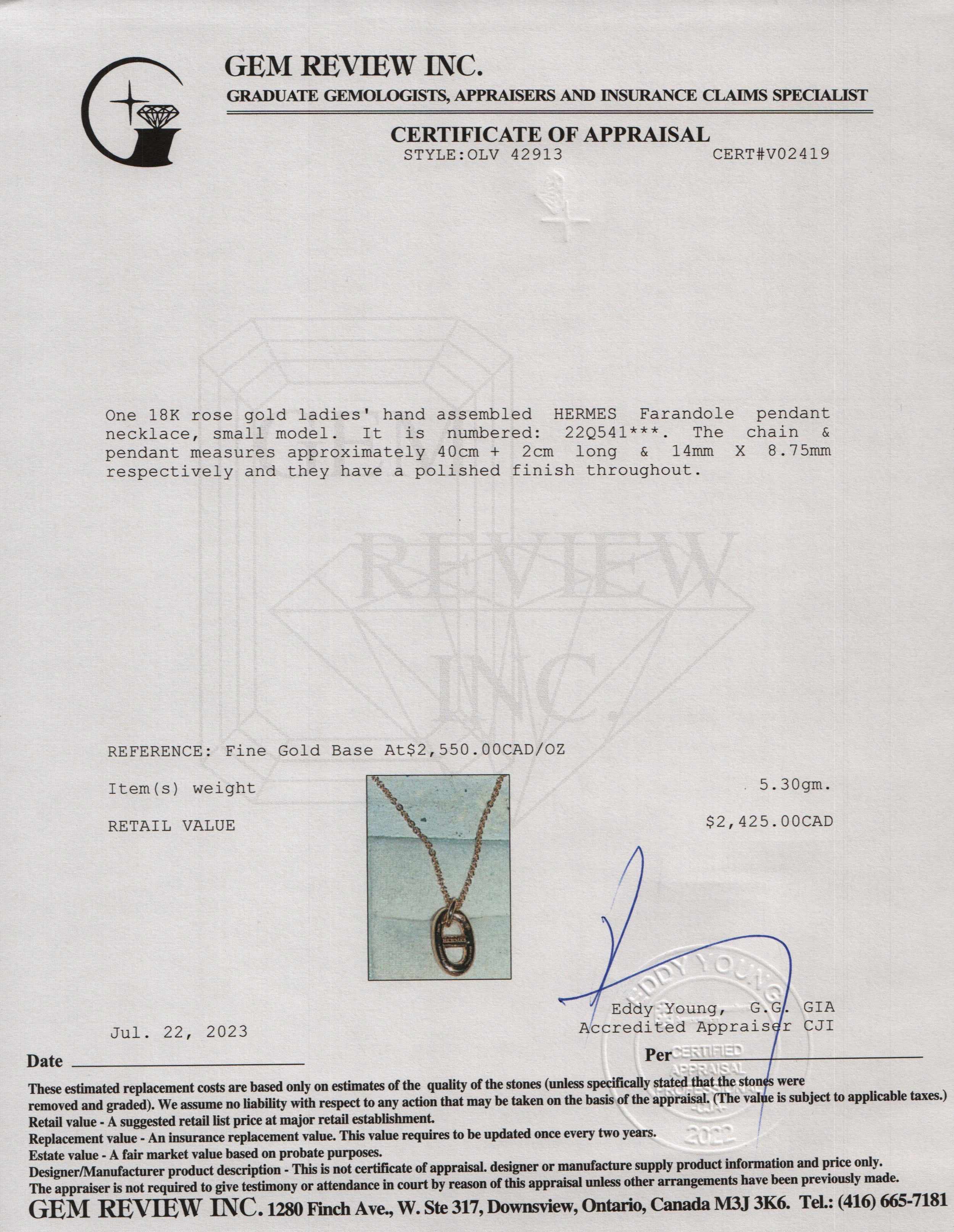 Hermes 18k Rose Gold Farandole Pendant Necklace, Small Model w/ Box