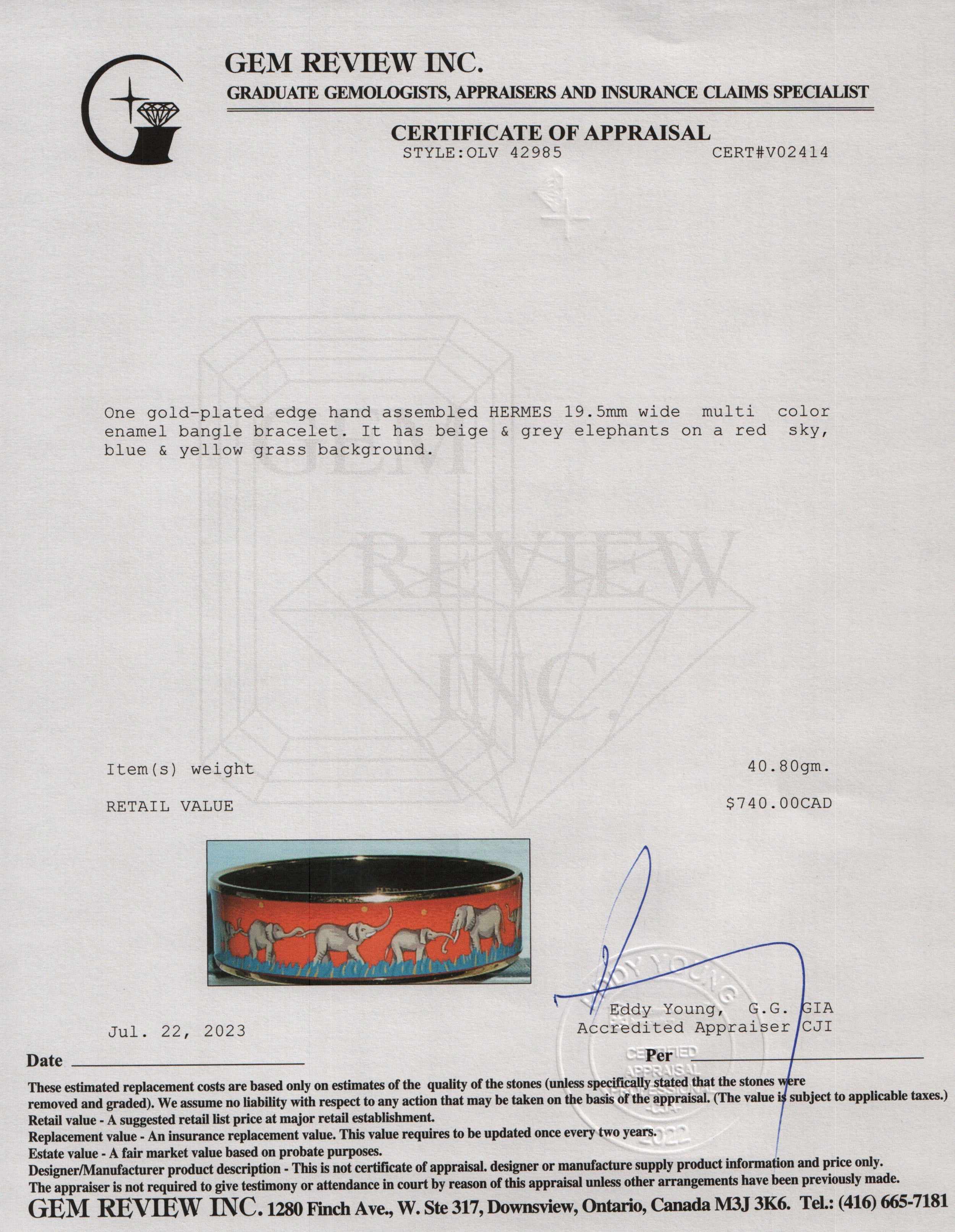 Hermes Wide Elephant Print Enamel Bangle Bracelet w/ Box