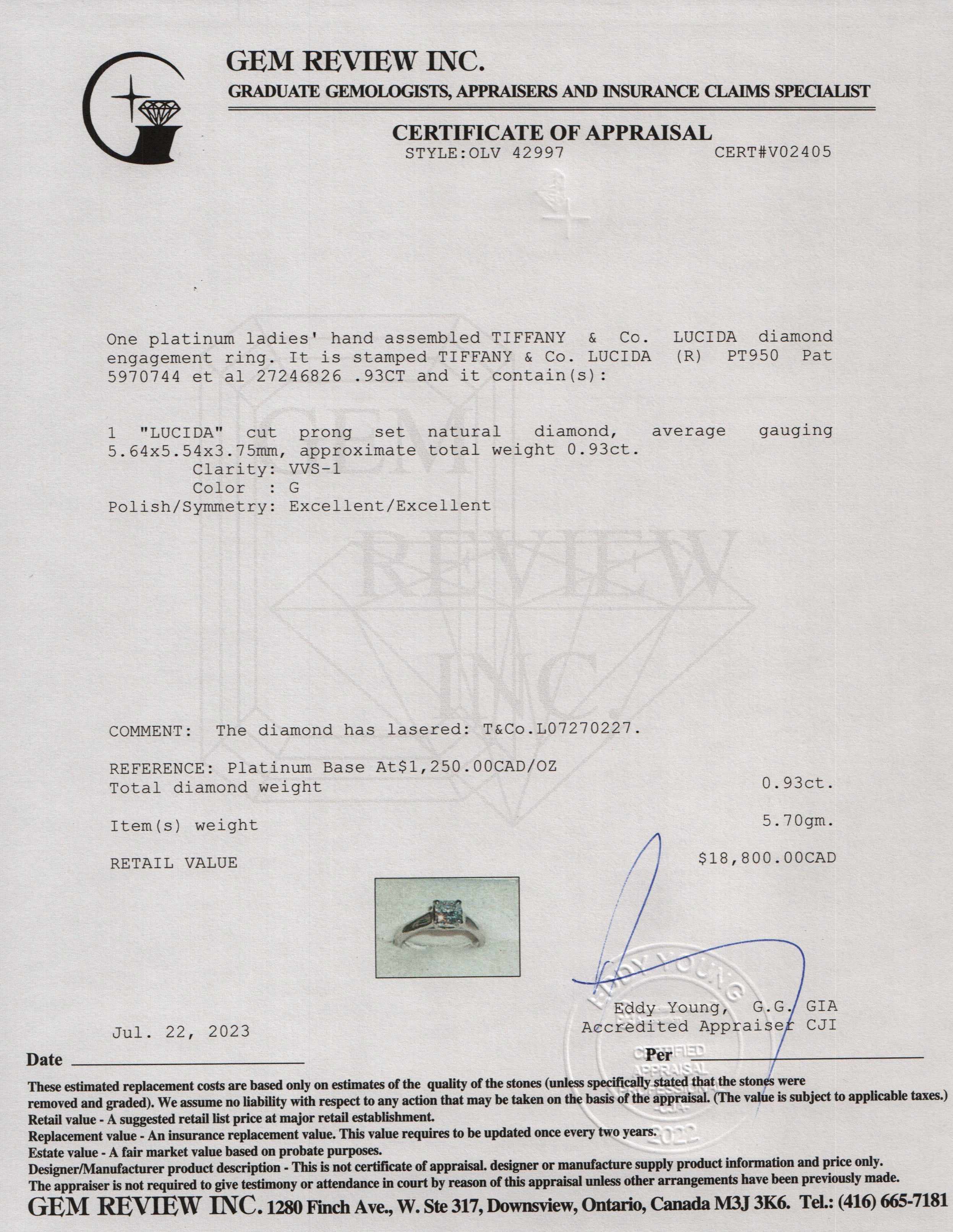 Tiffany & Co. Solitaire 0.93 ct. Lucida Diamond Engagement Ring w/ Box & Papers