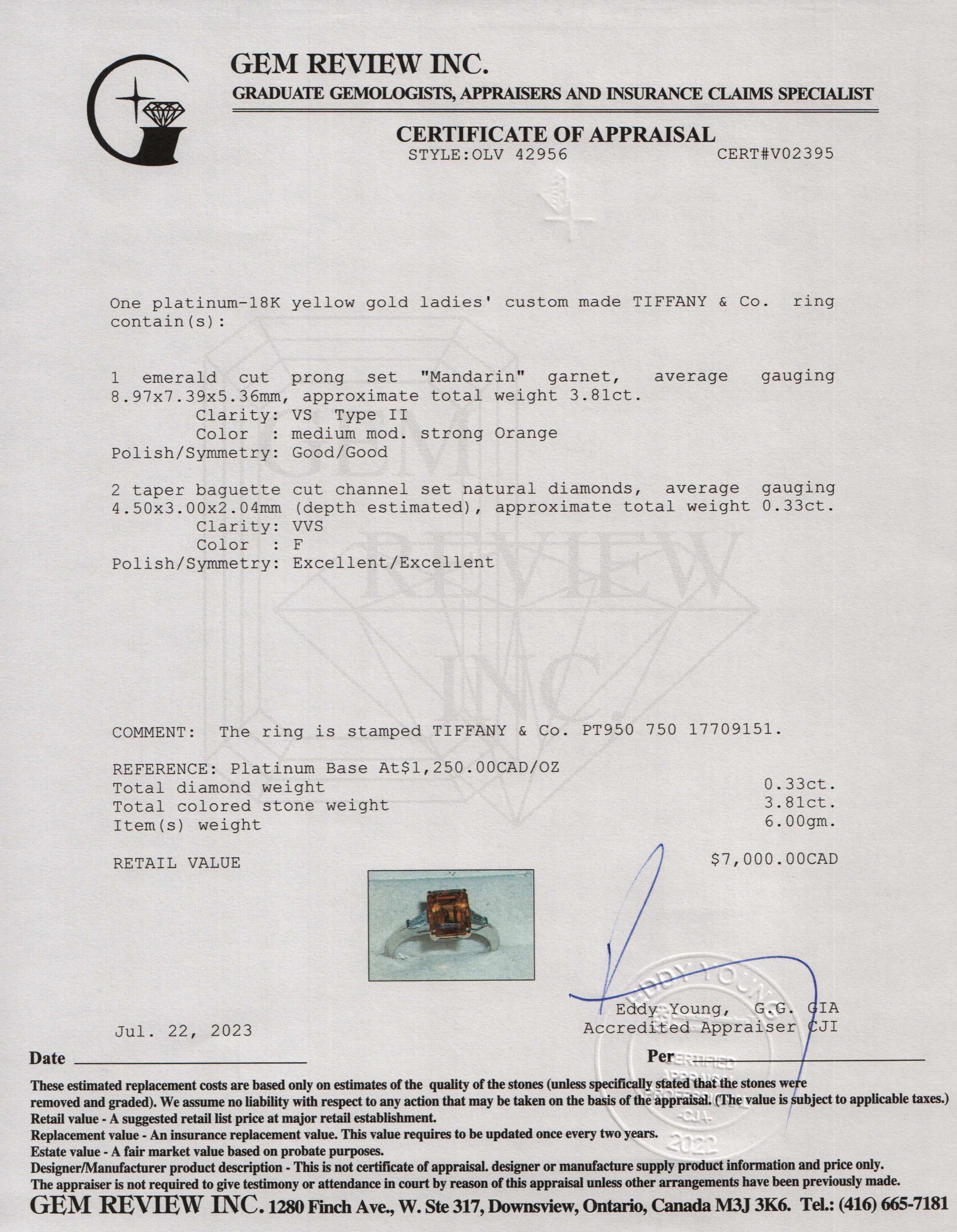 Tiffany & Co. Two-Tone Mandarin Garnet and Diamond Ring w/ Box & Certificates