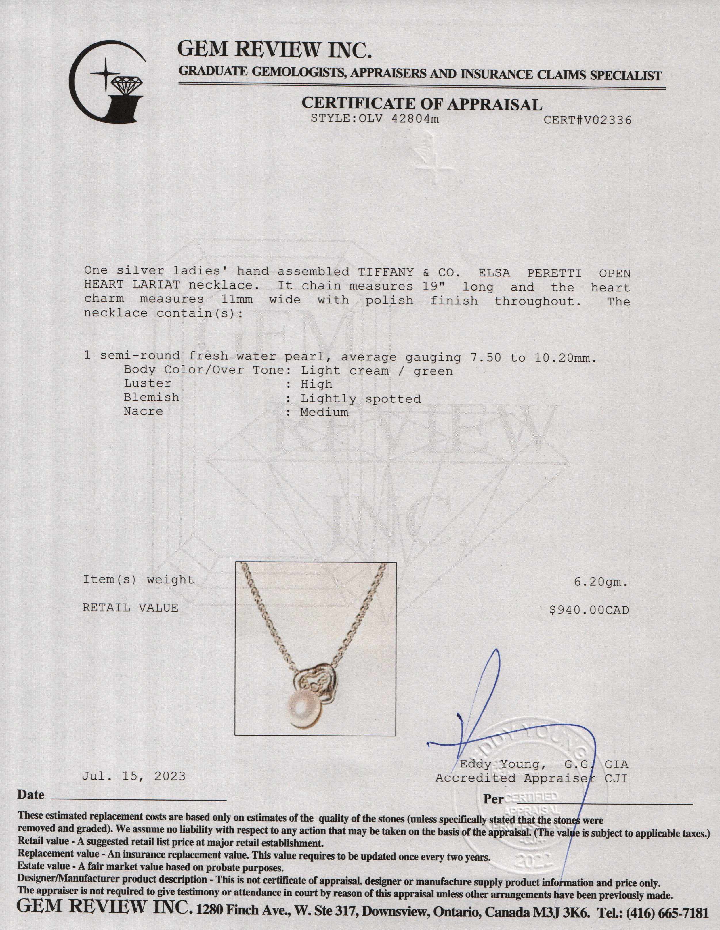 Tiffany & Co. Elsa Peretti Open Heart Pearl Lariat Necklace