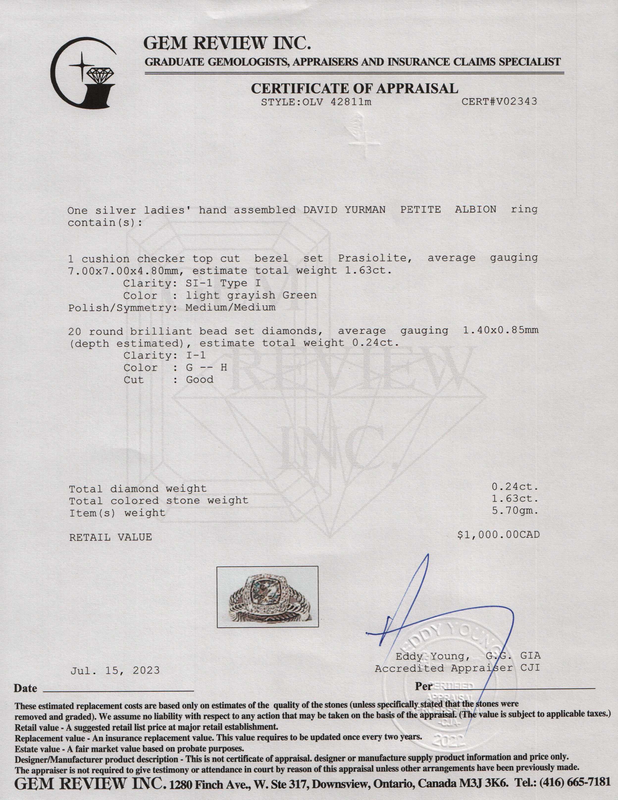 David Yurman Petite Albion Ring with Prasiolite and Diamonds