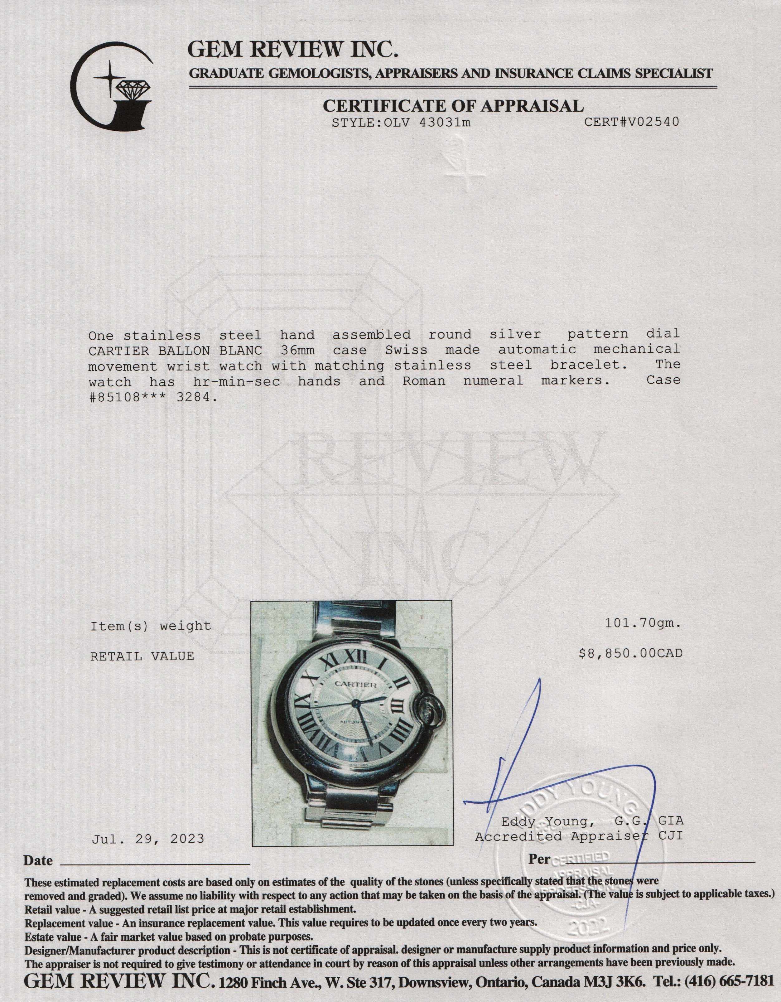 Cartier Ballon Bleu 36 MM Automatic Watch