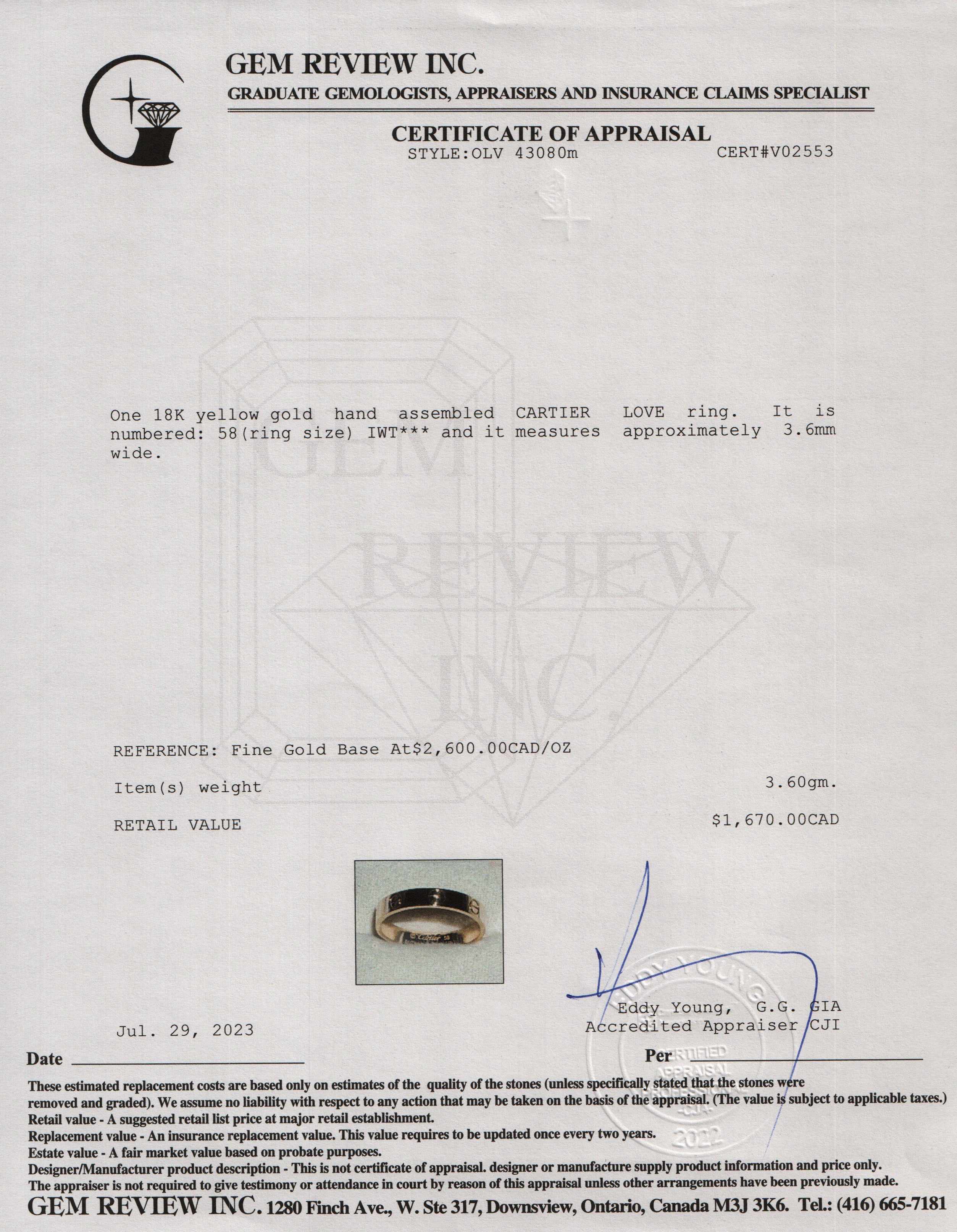 Cartier 18k Yellow Gold 3.6 mm Love Wedding Band Ring w/ Box & Certificate
