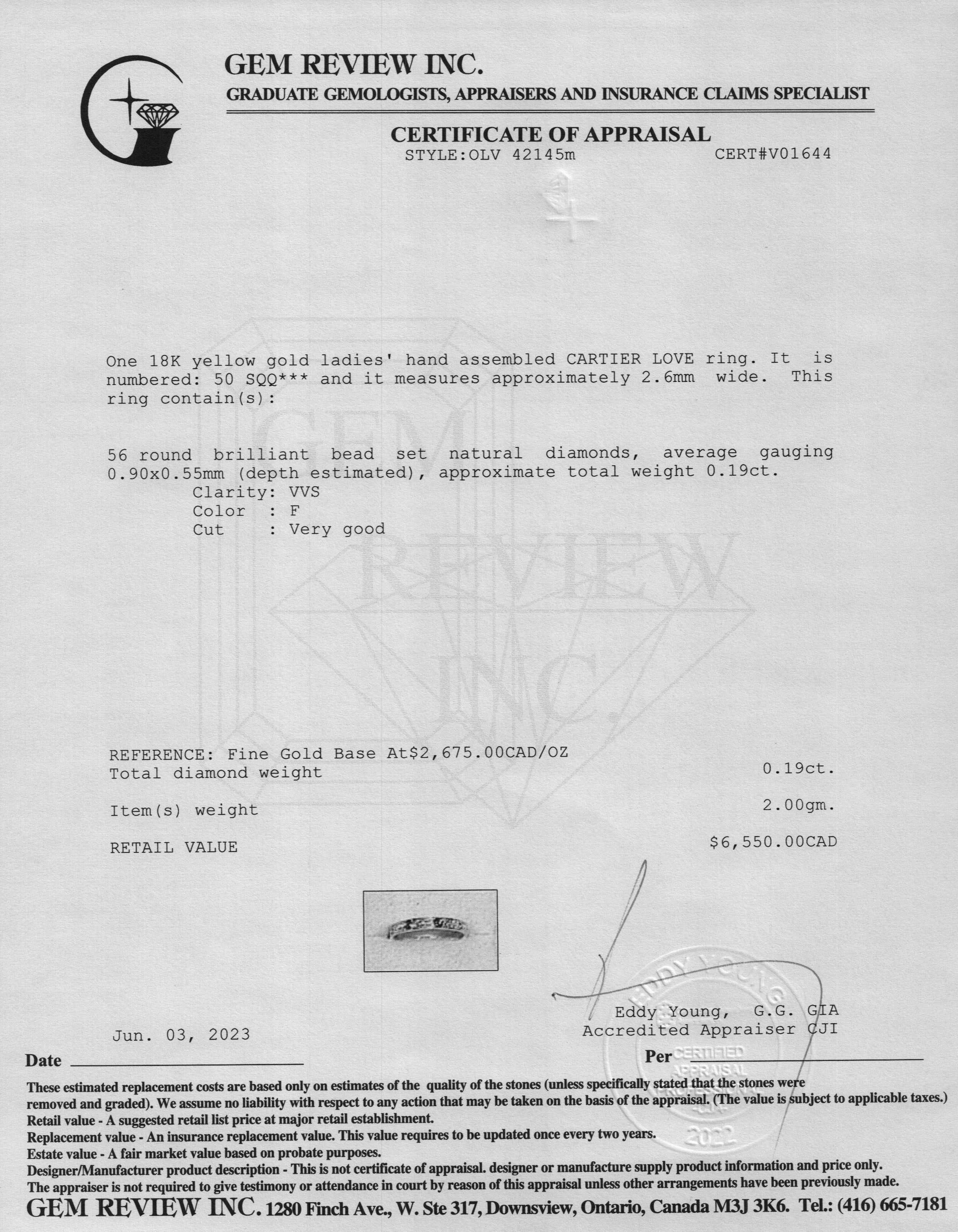 Cartier 18k Yellow Gold Pave Diamond Love Ring, Small Model w/ Box, Receipt & Certificate