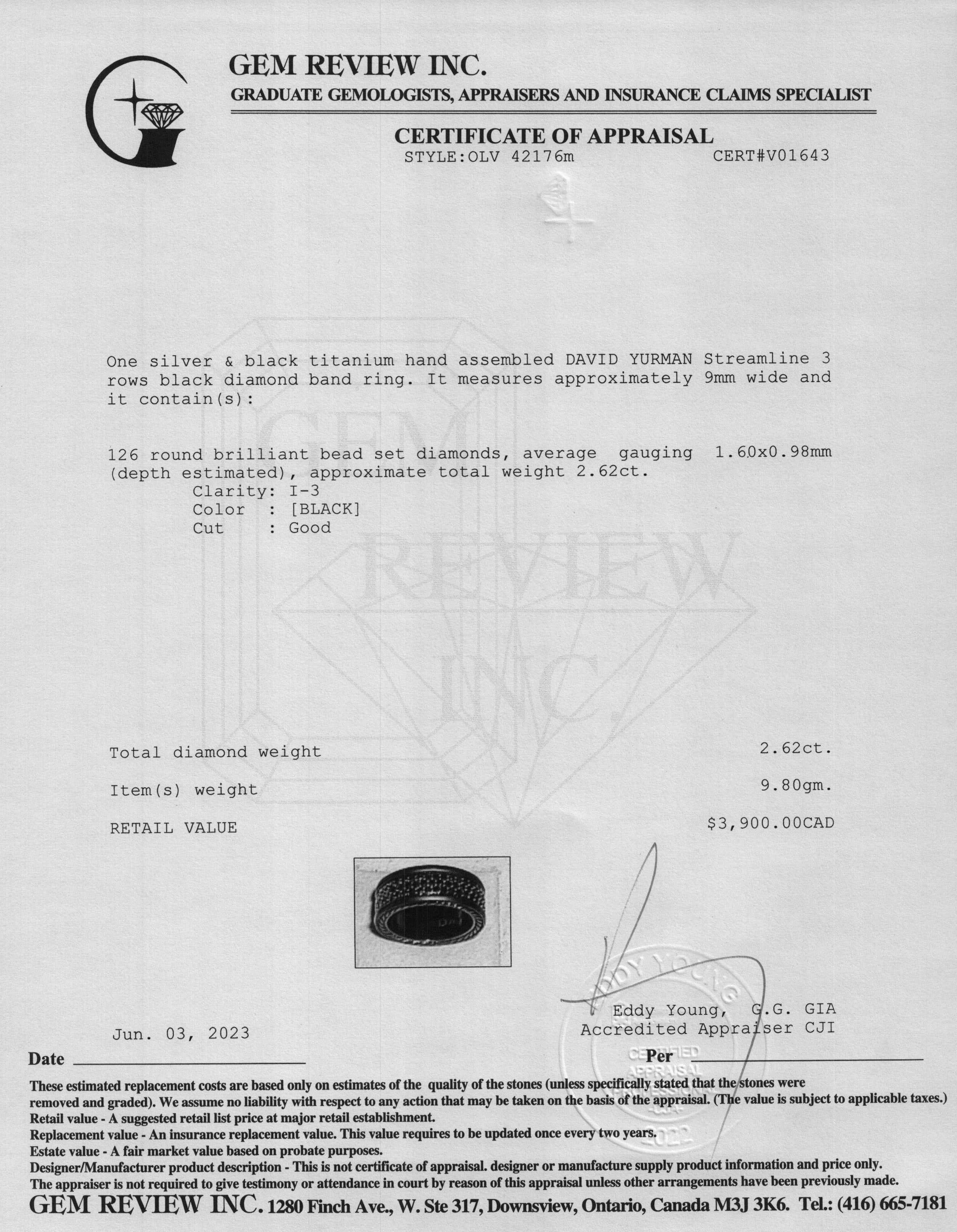 David Yurman Black Titanium Streamline Three-Row Black Diamond Band Ring w/ Box