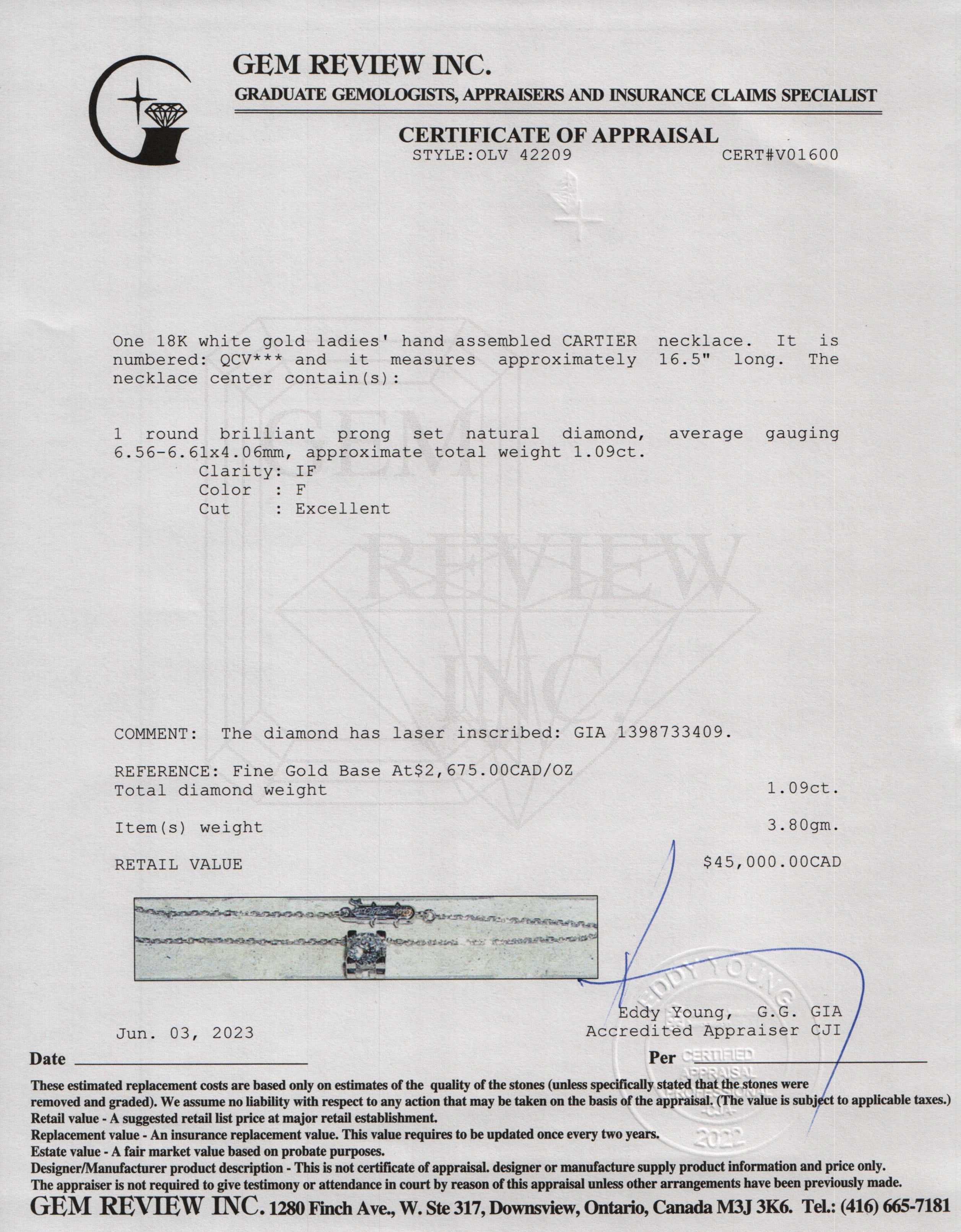 Cartier 18k White Gold C de Cartier 1.09 tcw. Diamond Pendant Necklace w/ GIA Certificate