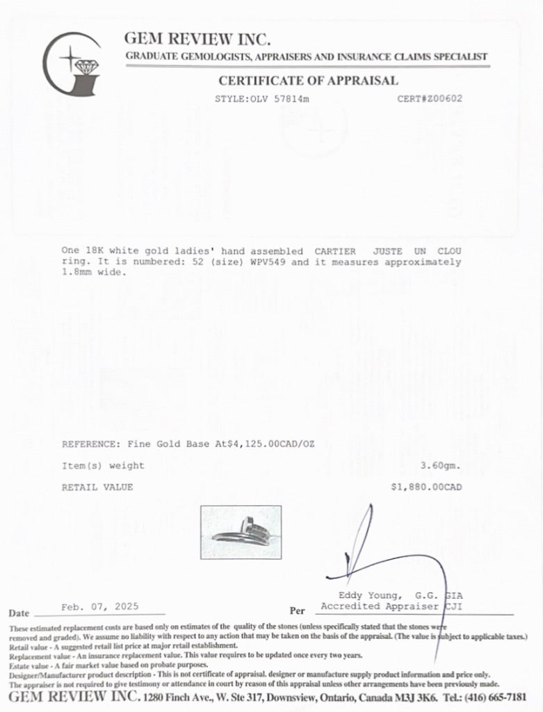 Cartier 2023 18k White Gold Juste Un Clou Ring, Small Model, Size 52 6 w/ Box & Certificate