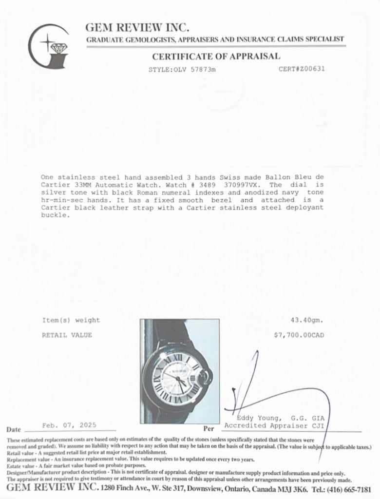 Cartier Stainless Steel Ballon Bleu de Cartier 33 MM Automatic Watch 3489 w/ Extra Strap