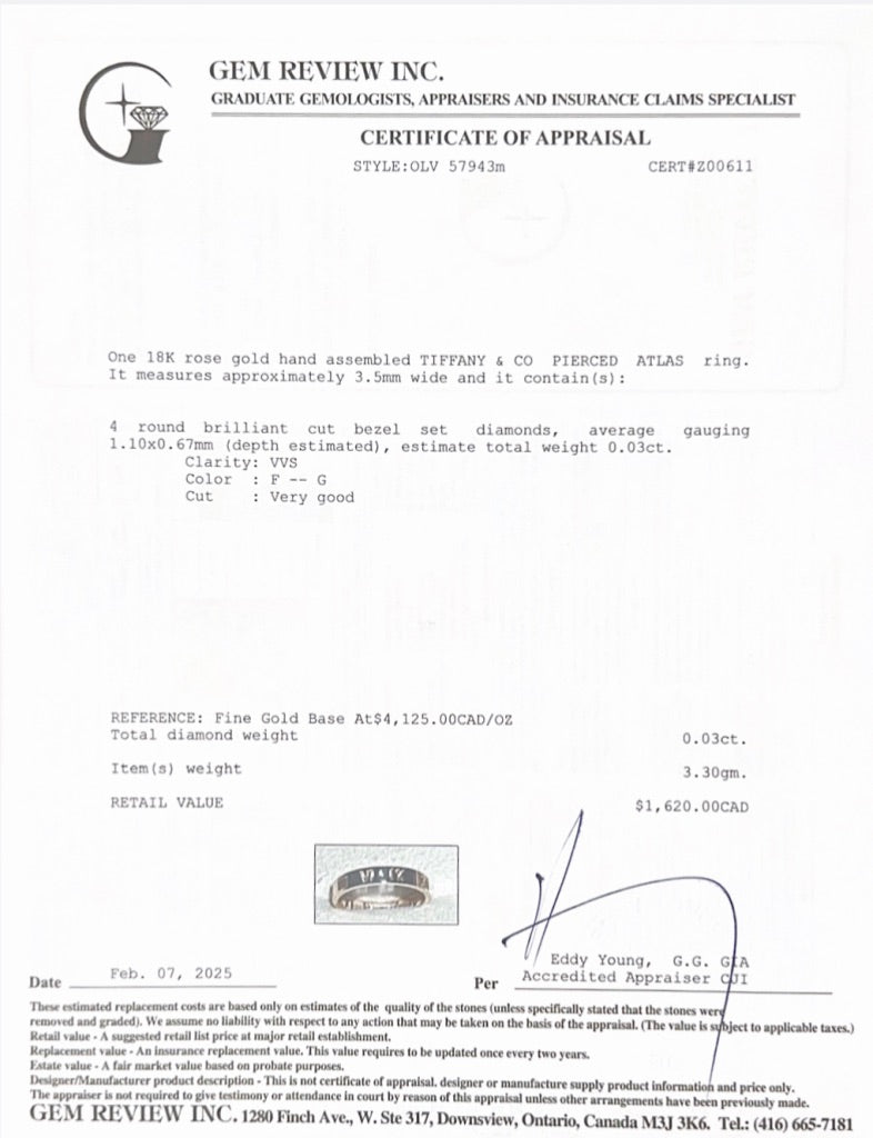 Tiffany & Co. 18k Rose Gold & Diamond Atlas Pierced 3.5 MM Band Ring, Size 5.75