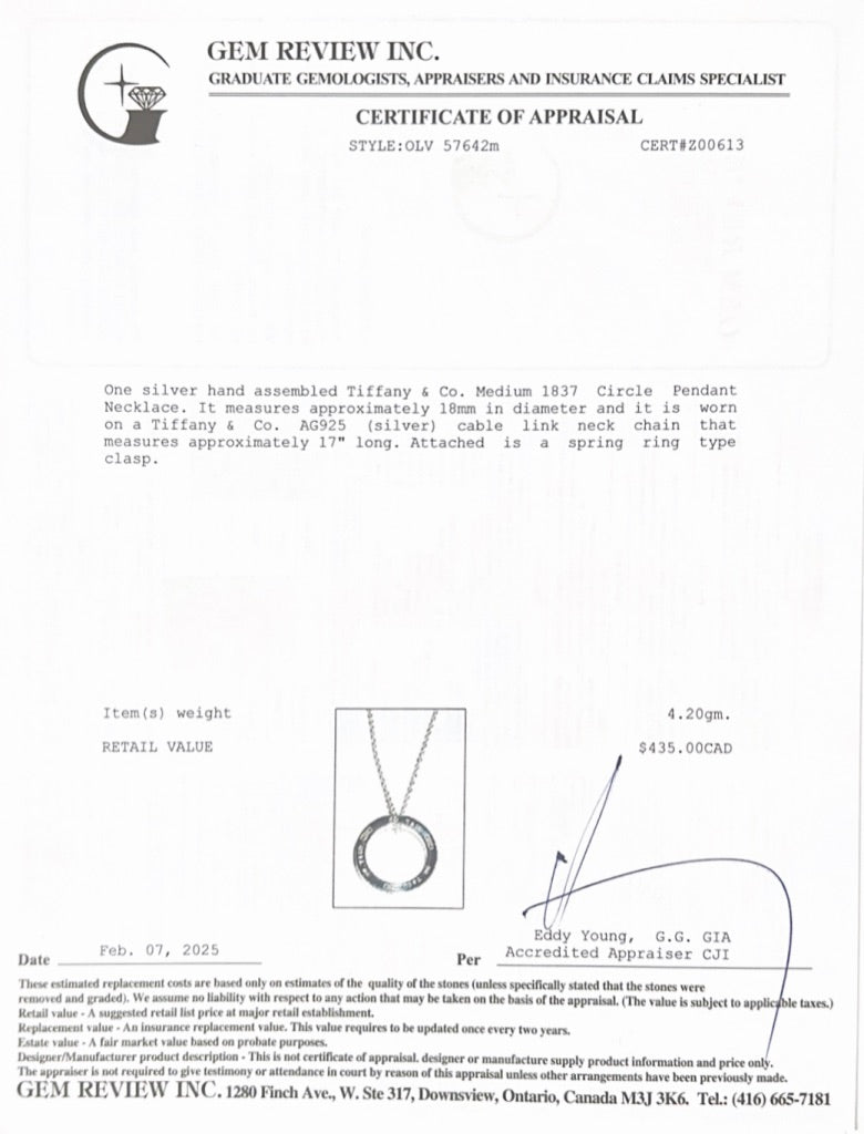 Tiffany & Co. Sterling Silver Medium 1837 Circle Pendant Necklace