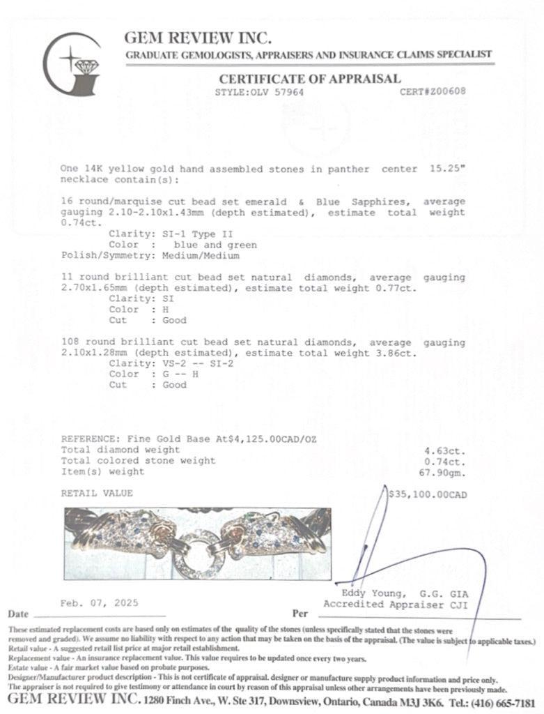 14k Yellow Gold Emerald, Sapphire & Diamond Panther Necklace