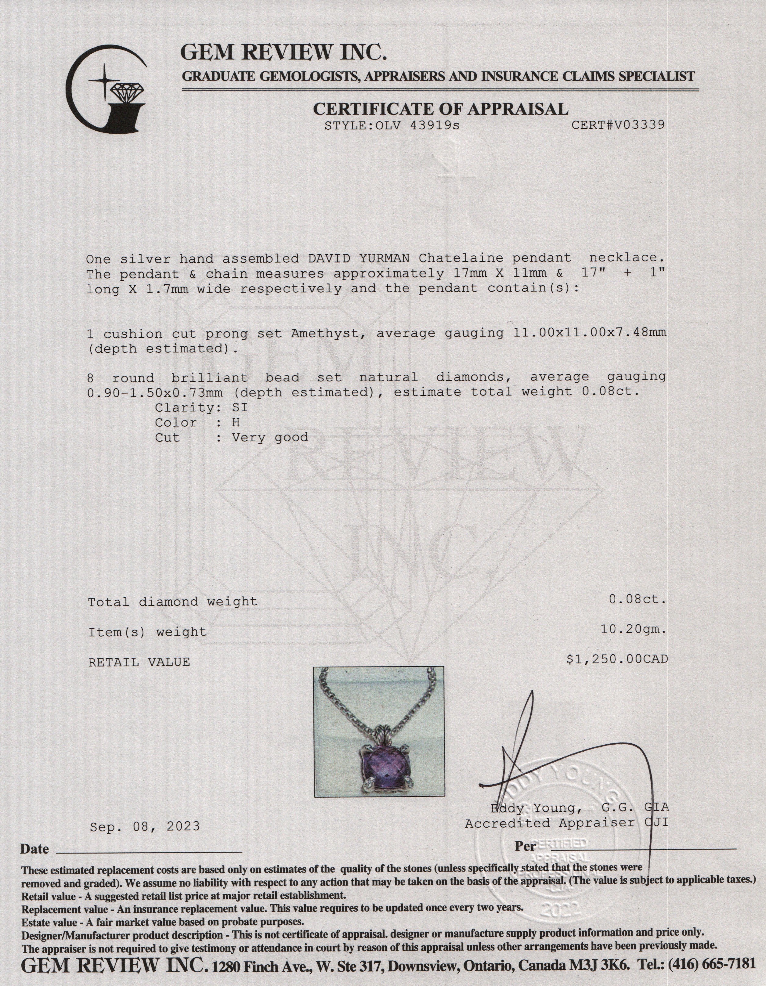 David Yurman Sterling Silver 11 MM Chatelaine Pendant Necklace with Amethyst & Pave Diamonds