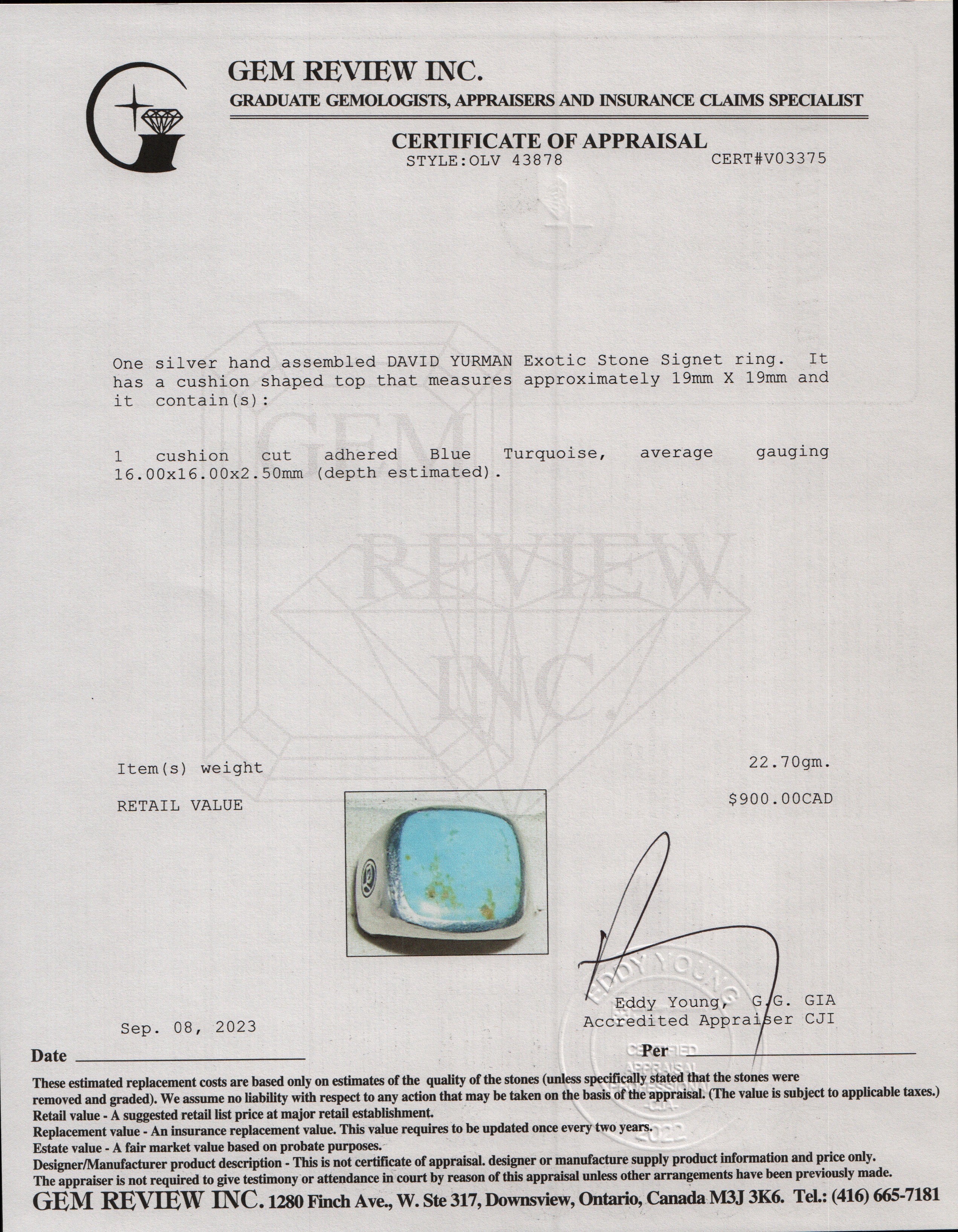 David Yurman Sterling Silver Exotic Stone Signet Ring with Turquoise, Size 9