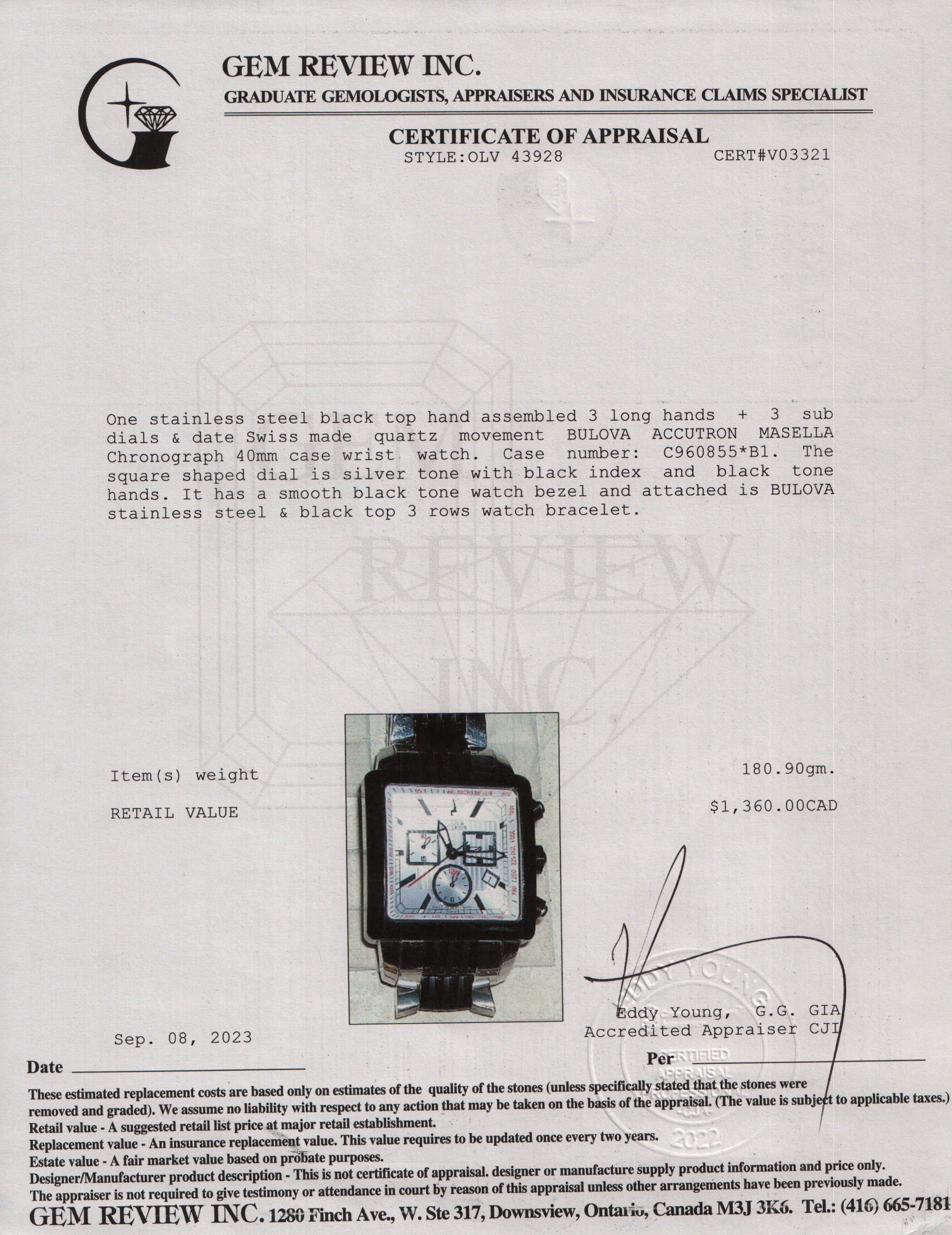 Bulova Accutron Stainless Steel Masella Chronograph 40 MM Watch w/ Box