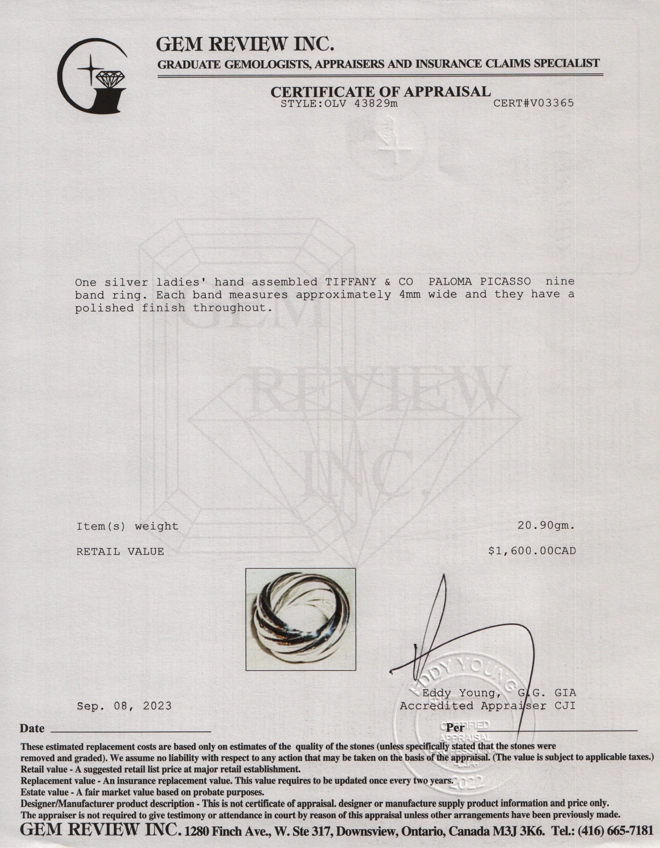 Tiffany & Co. Paloma Picasso Sterling Silver Melody Nine-Band Ring, Size 8.5