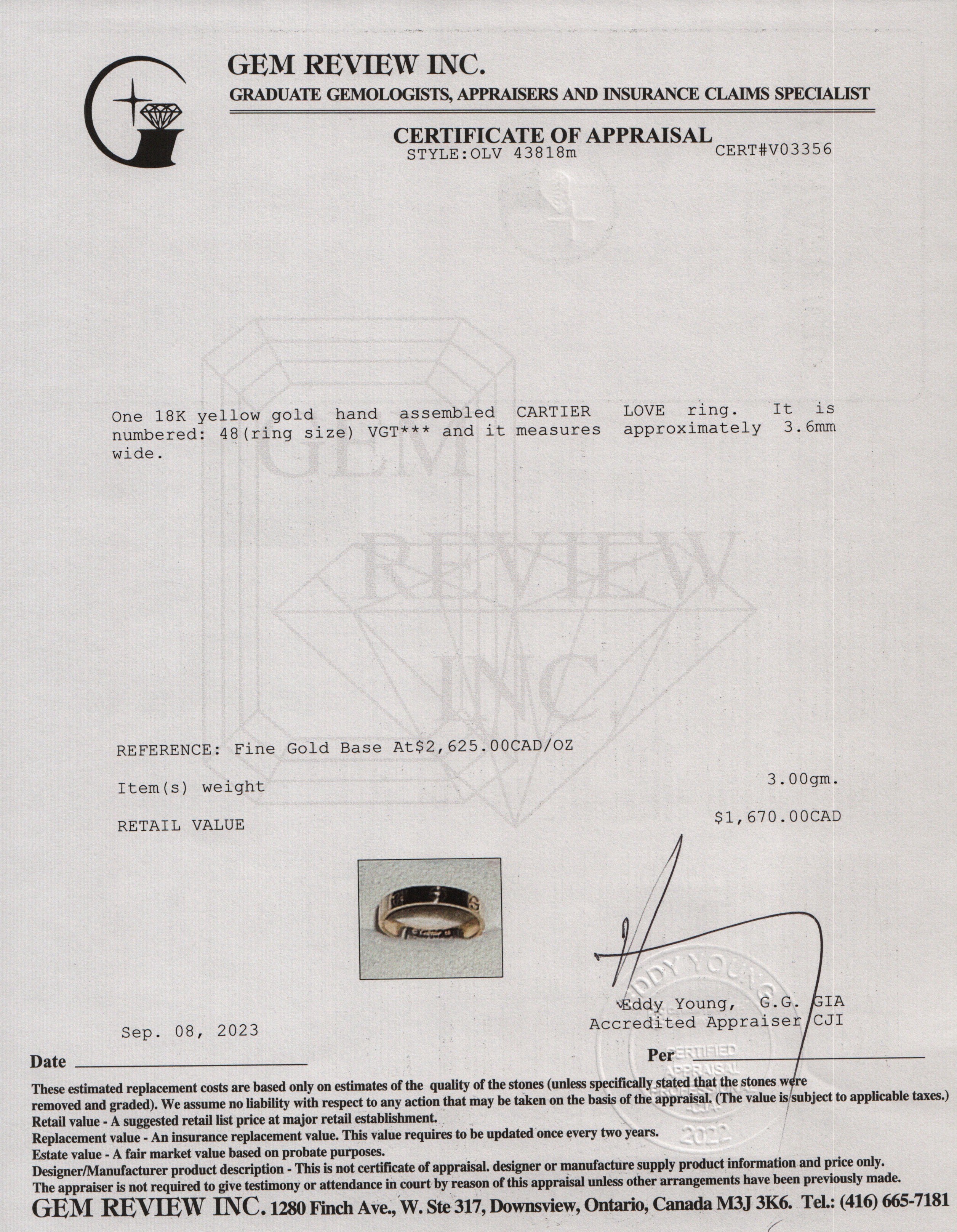 Cartier 18k Yellow Gold 3.6 MM Love Wedding Band Ring, Size 48 4.5 w/ Box & Certificate