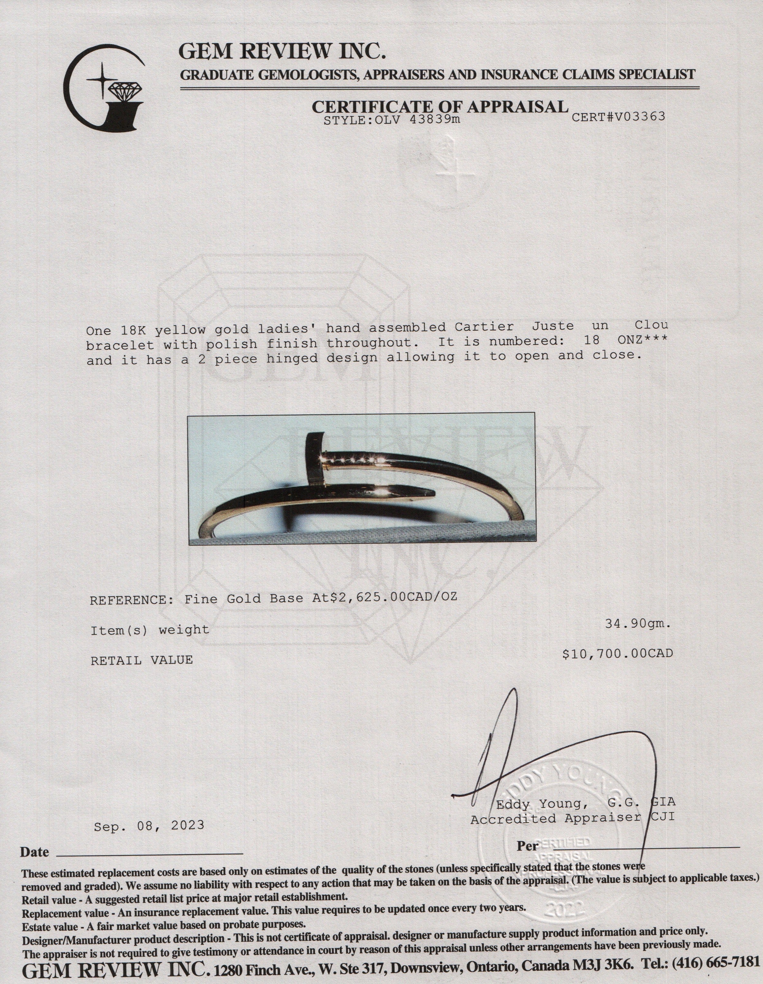 Cartier 18k Yellow Gold Juste Un Clou Bracelet, Size 18 w/ Box & Receipt