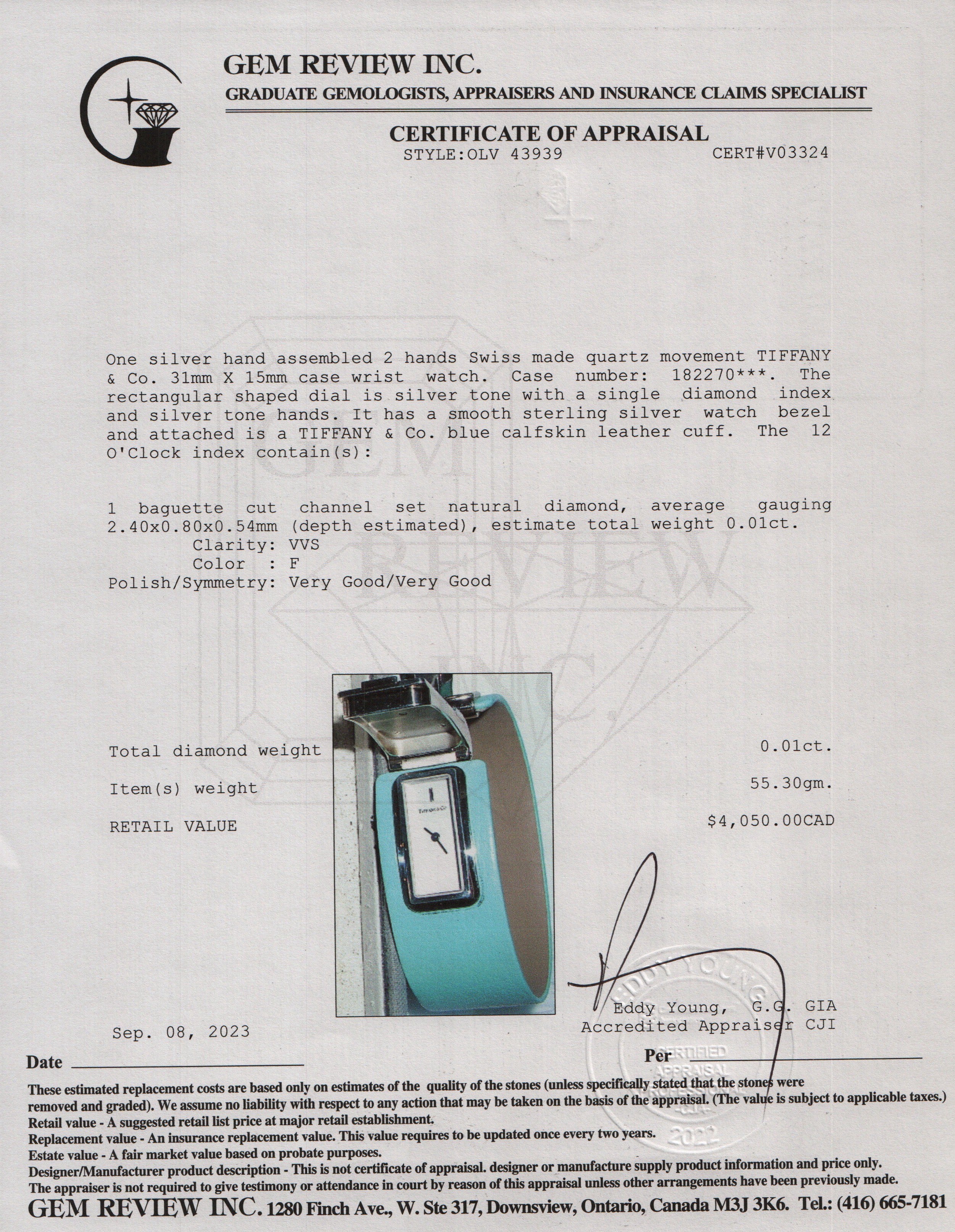 Tiffany & Co. Sterling Silver Tiffany Blue Calfskin 15MM T Watch w/ Box & Papers