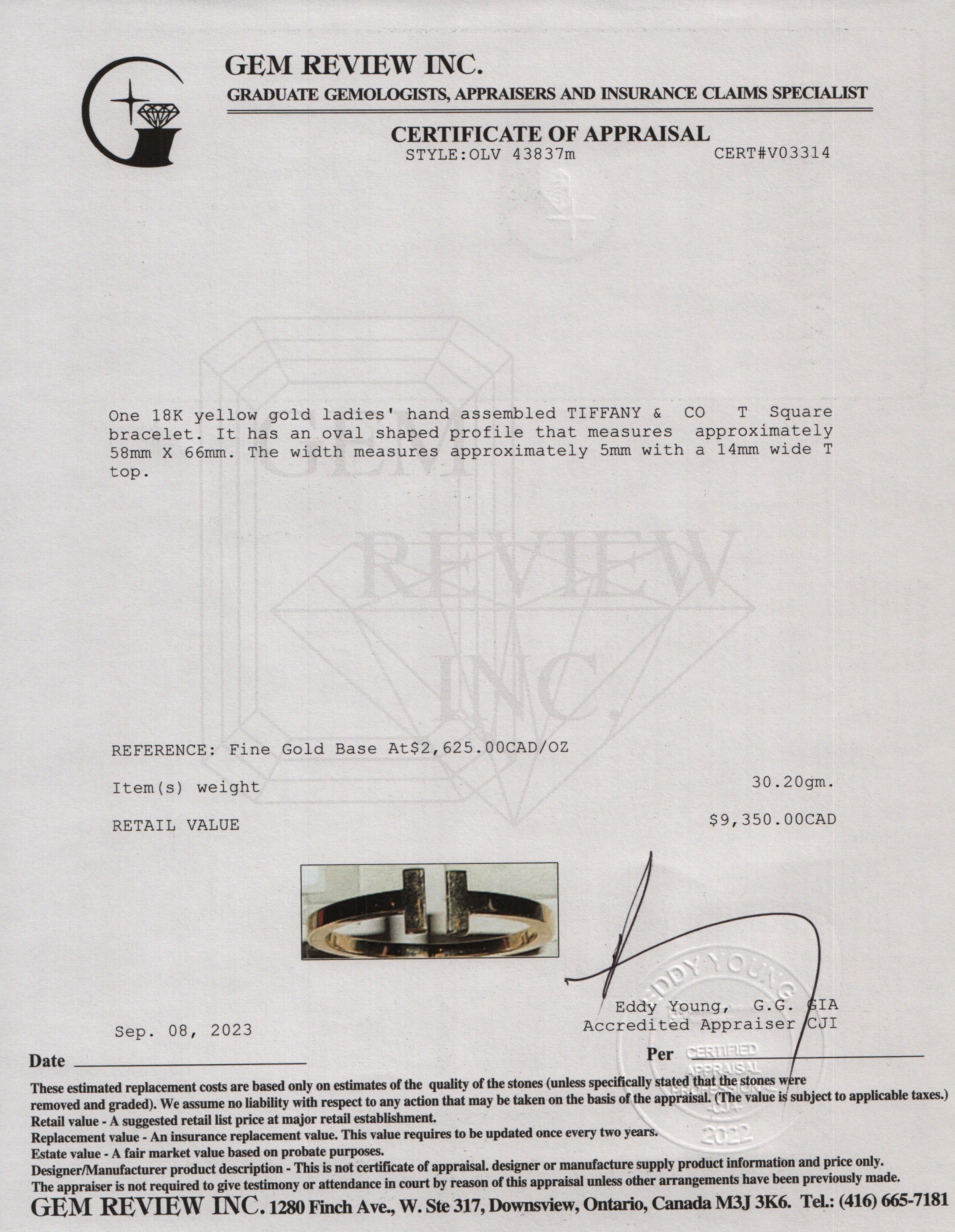 Tiffany & Co. 18k Yellow Gold T Square Bracelet w/ Box