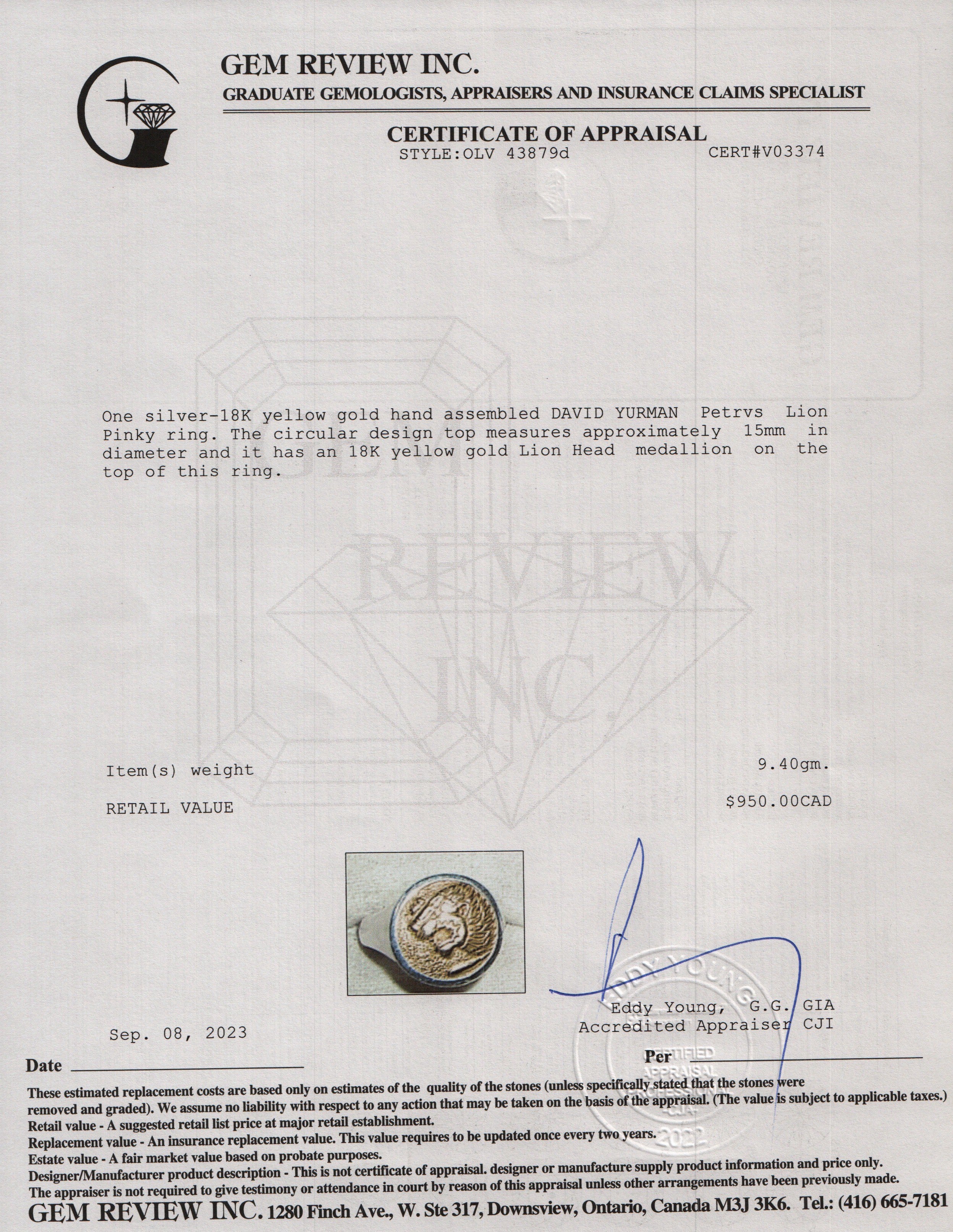 David Yurman Sterling Silver & 18k Yellow Gold Petrvs Lion Pinky Ring, Size 6