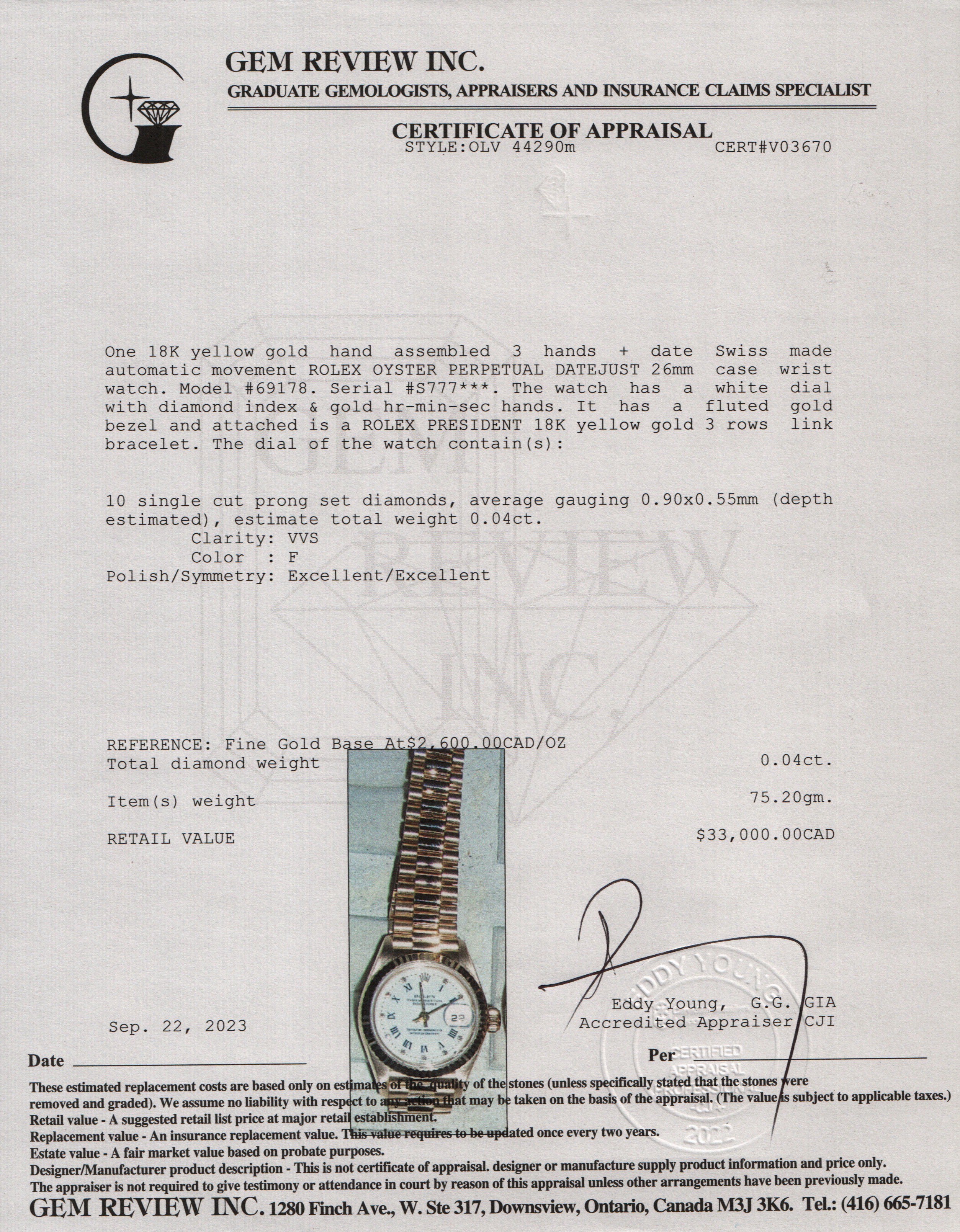 Rolex 18k Yellow Gold Lady-Datejust President Watch w/ Diamond Dial