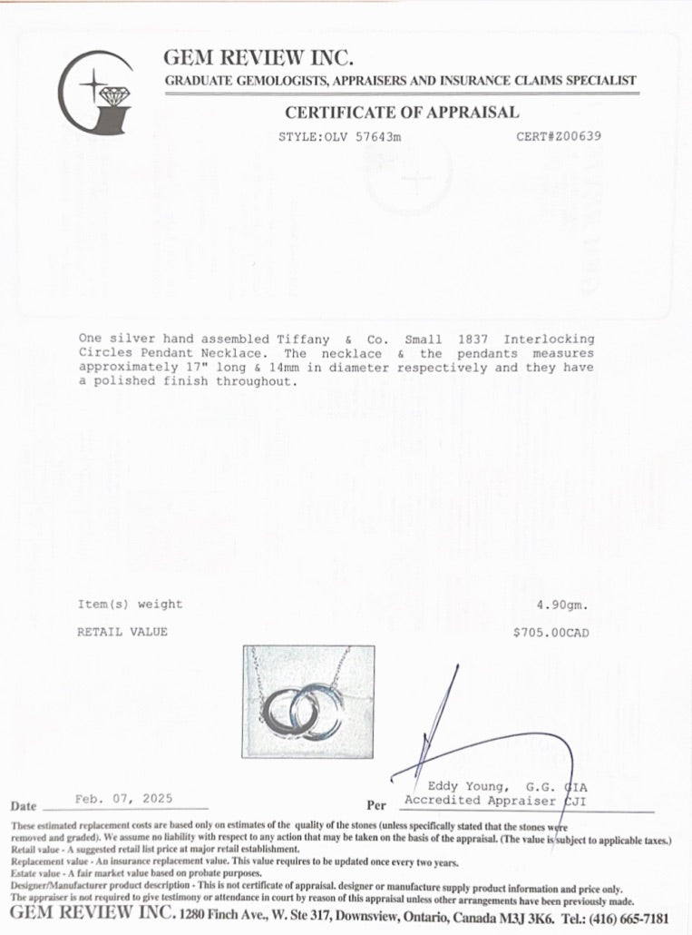 Tiffany & Co. Sterling Silver Small 1837 Interlocking Circles Pendant Necklace