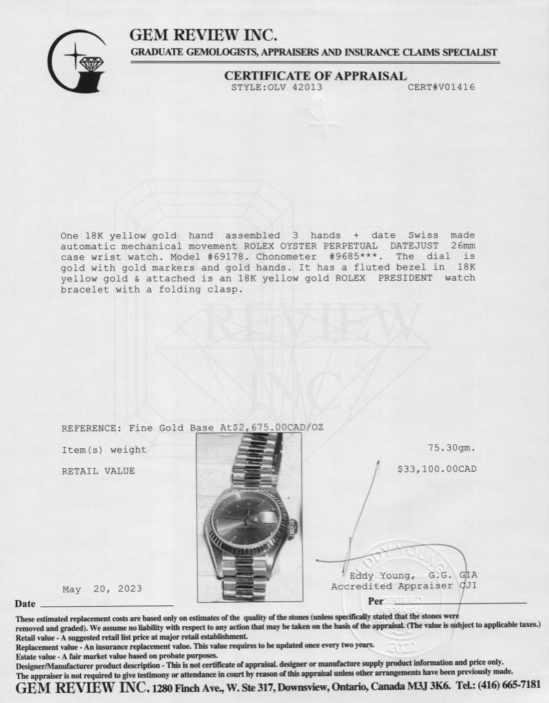 Rolex 18k Gold Lady-Datejust President 26 mm Watch w/ Papers