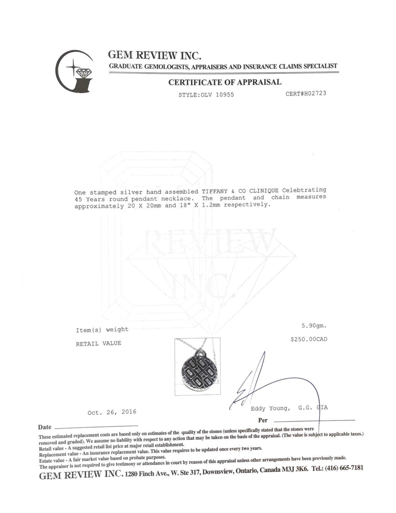 Tiffany & Co. Clinique Disc Charm Pendant on a 18" Chain in Sterling Silver