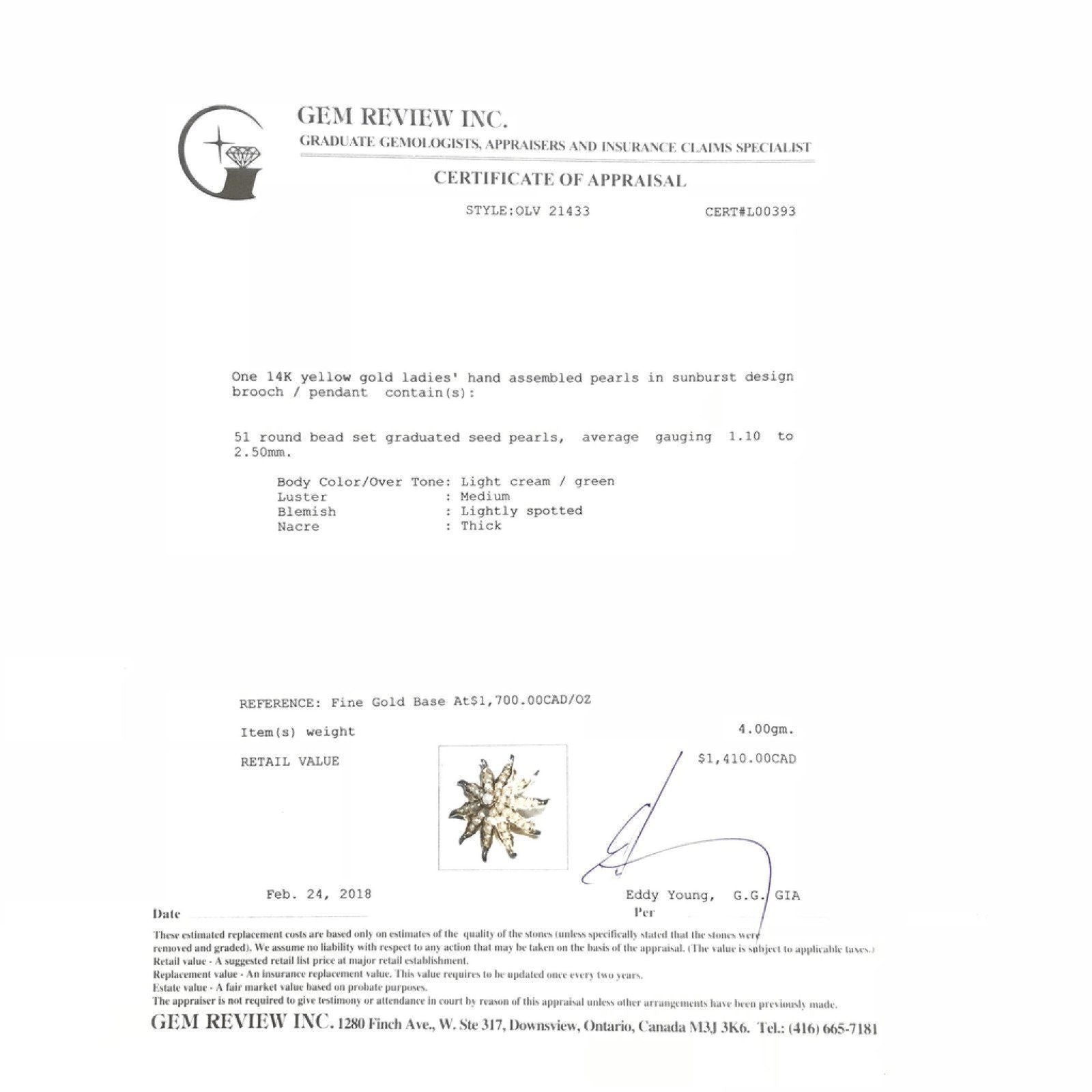 14K Yellow Gold Pearls in Sunburst Design Brooch