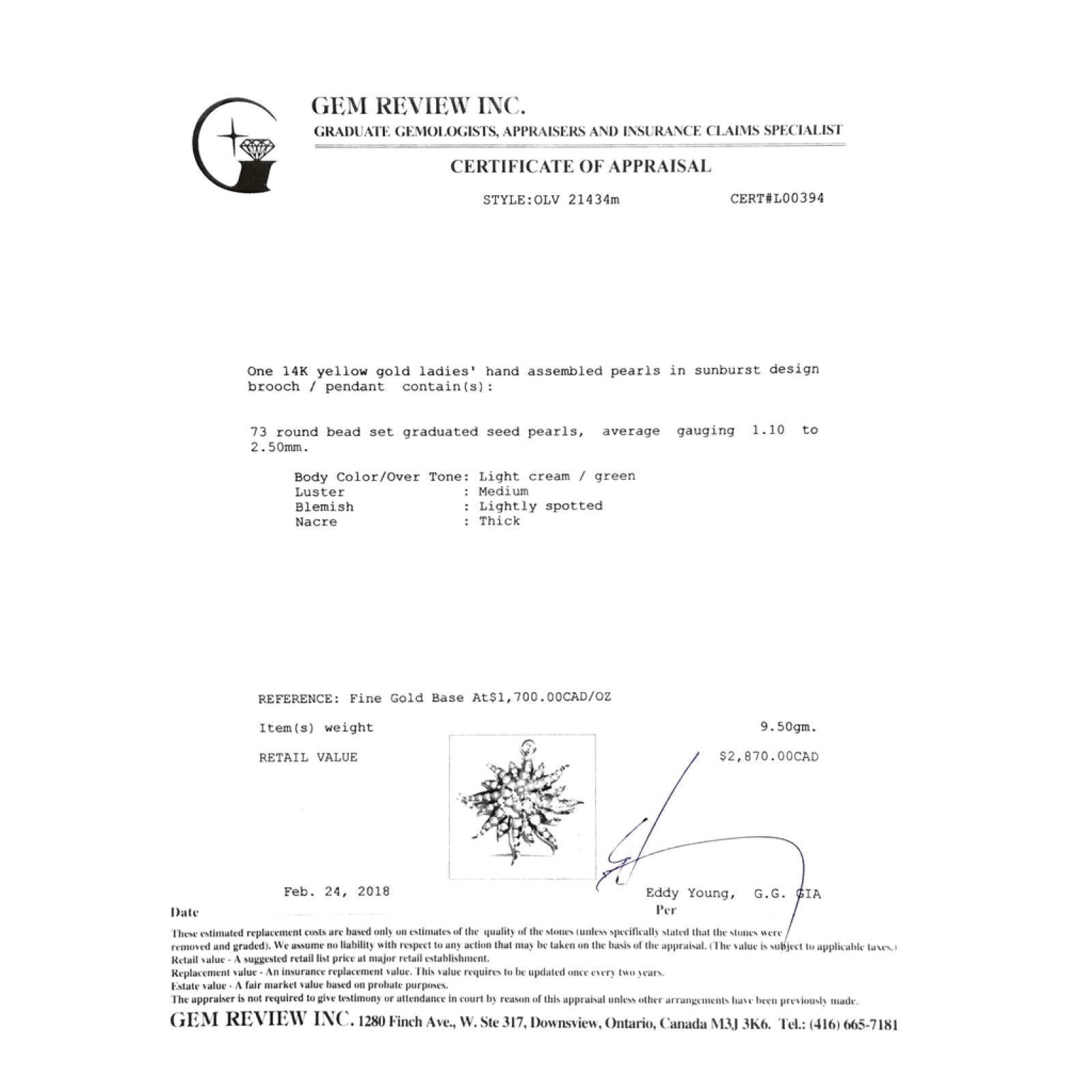 14K Yellow Gold Pearls in Sunburst Design Brooch