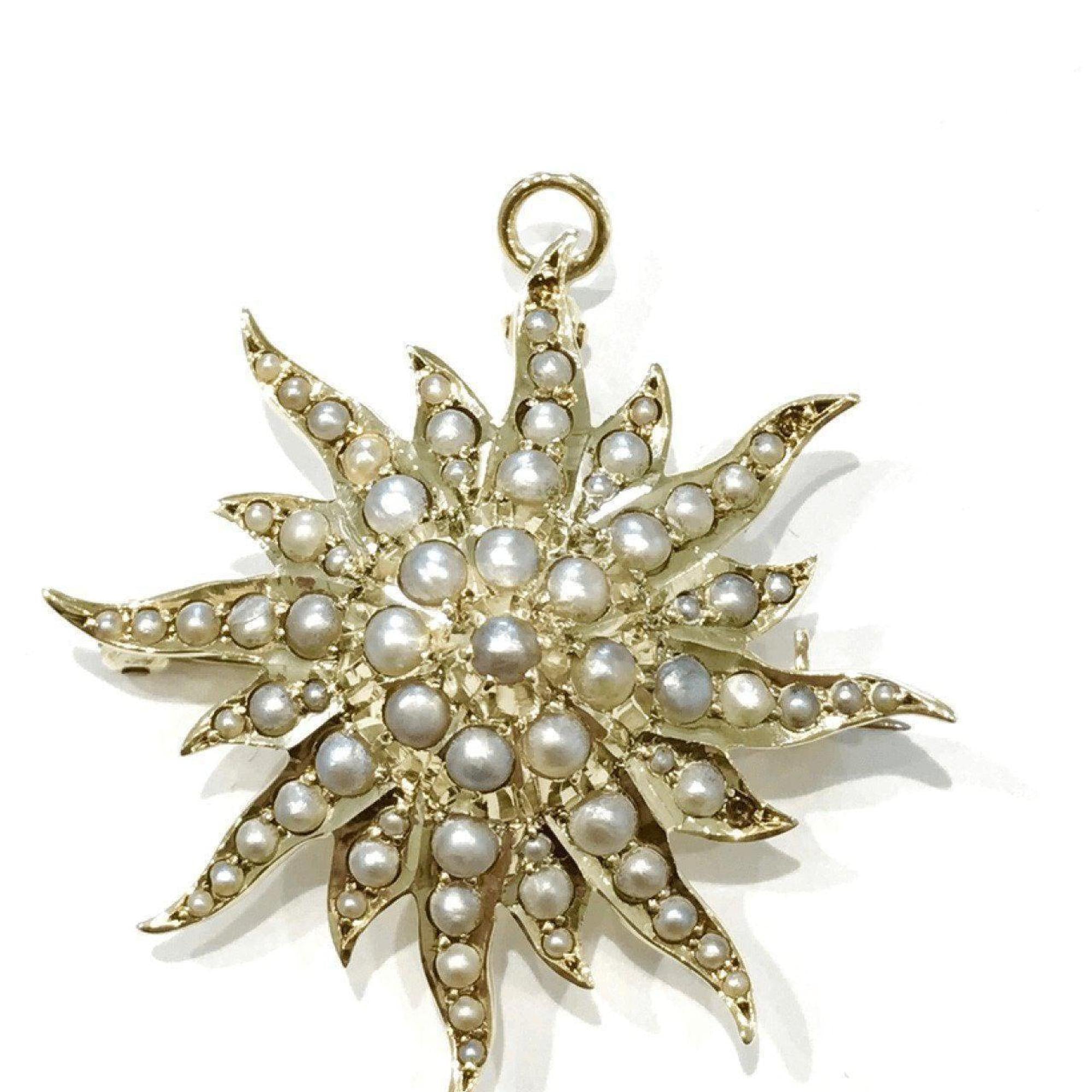 14K Yellow Gold Pearls in Sunburst Design Brooch