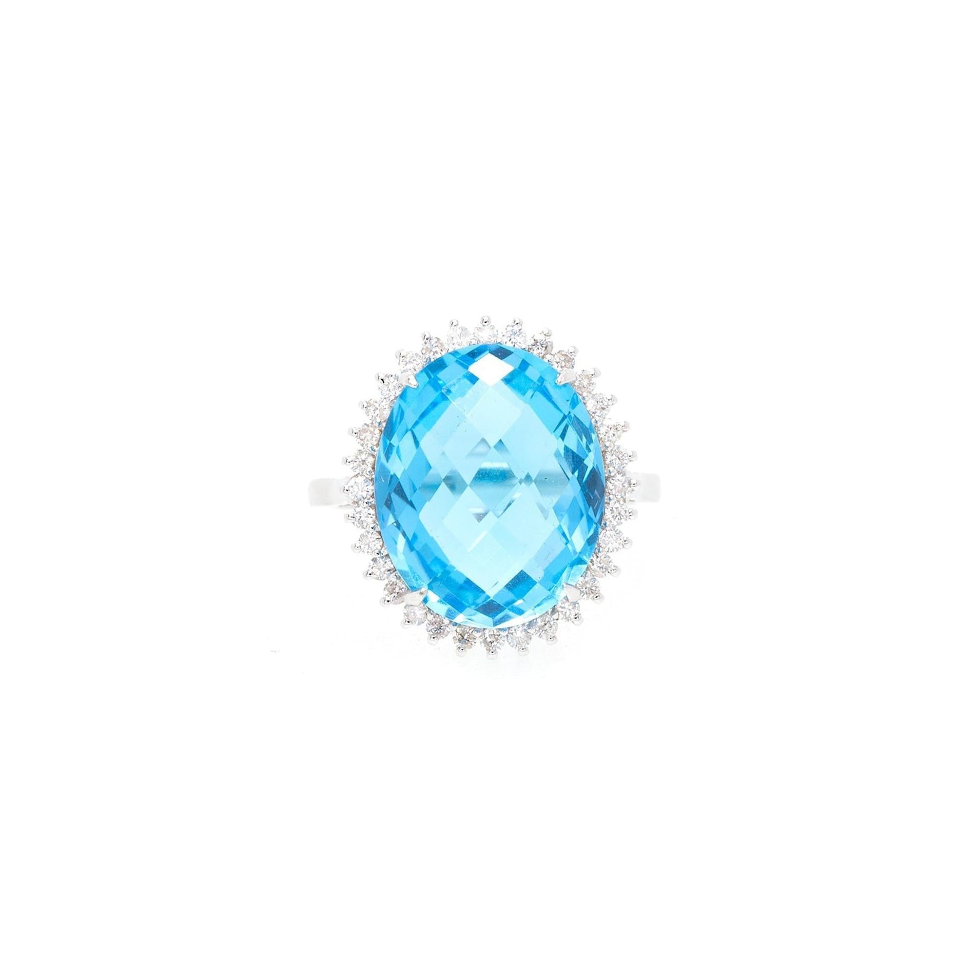 14k White Gold Blue Topaz & Diamond Cocktail Ring